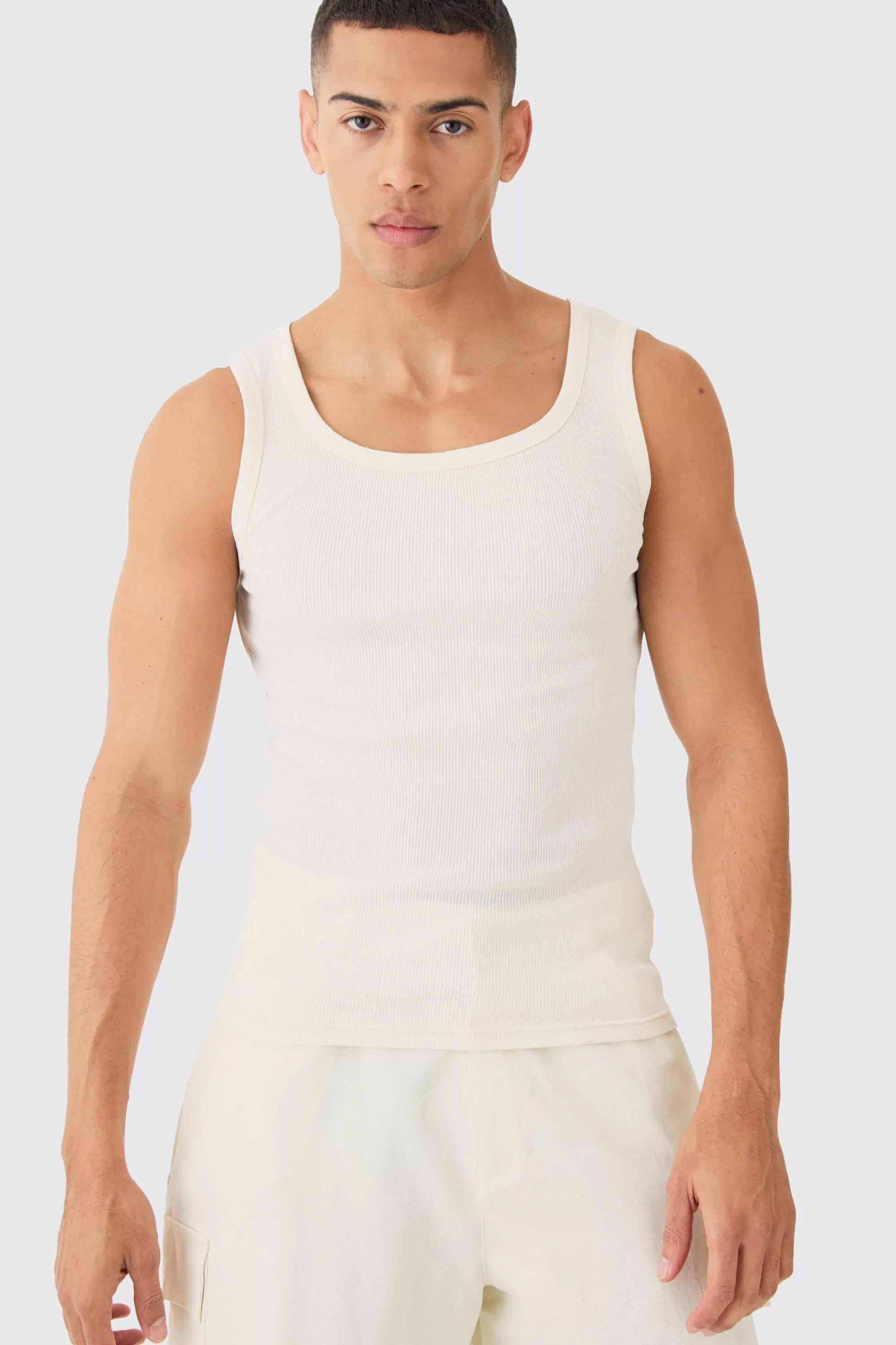 boohooMAN Ribbed Muscle Fit Vest | UK ecru Clearance