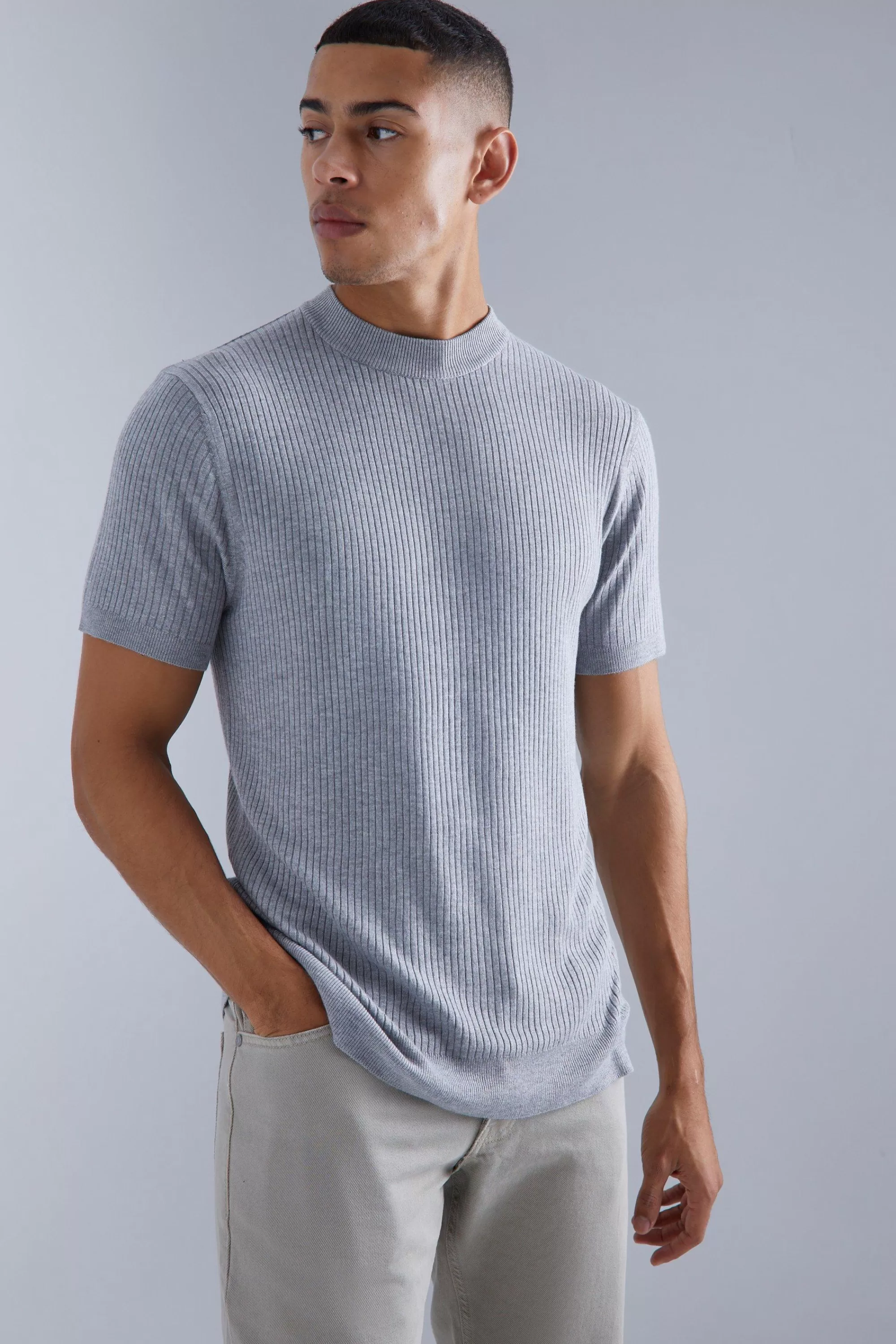 boohooMAN Ribbed Short Sleeve Extended Neck Knitted T-shirt | UK grey marl Outlet