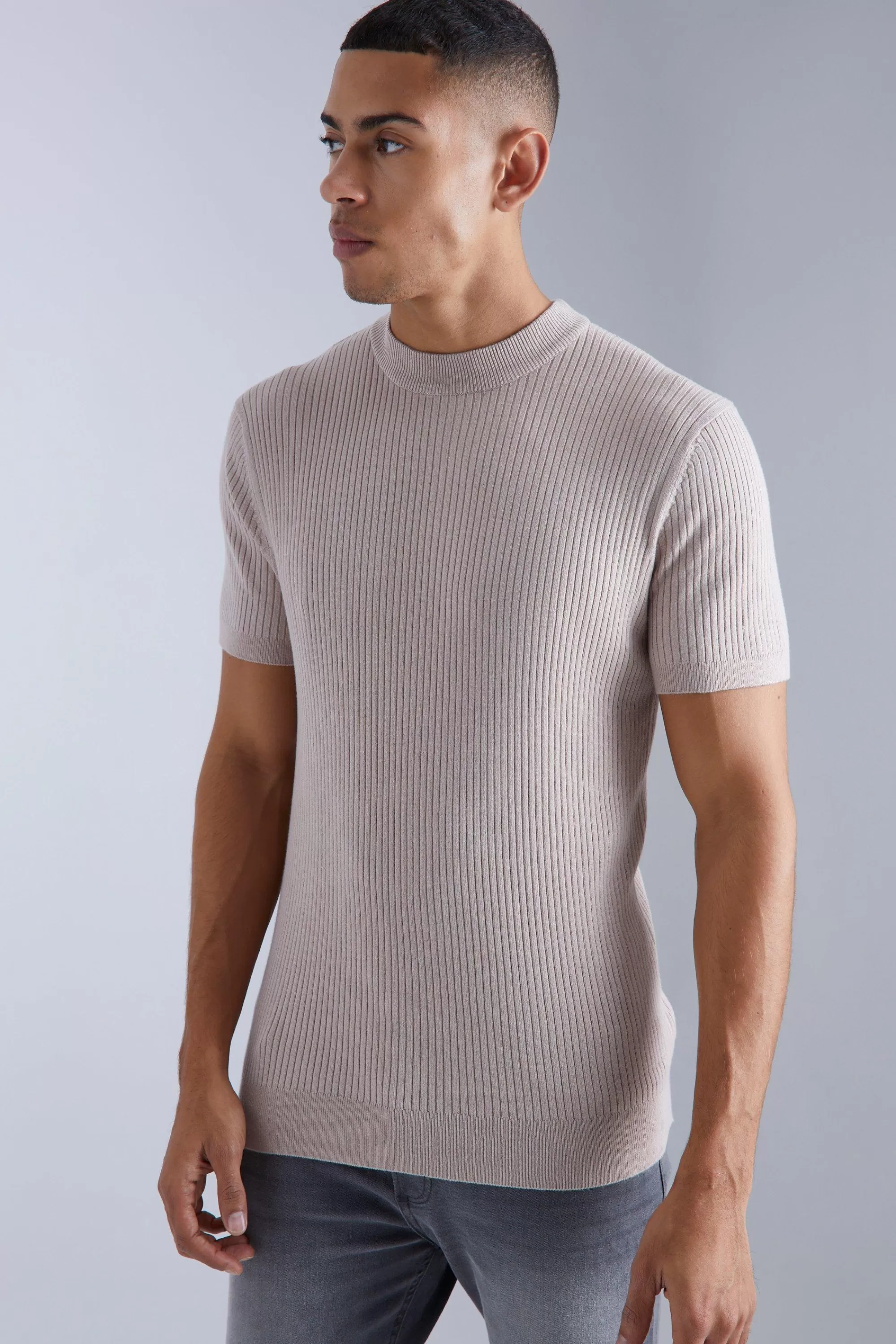 boohooMAN Ribbed Short Sleeve Extended Neck Knitted T-shirt | UK taupe Shop