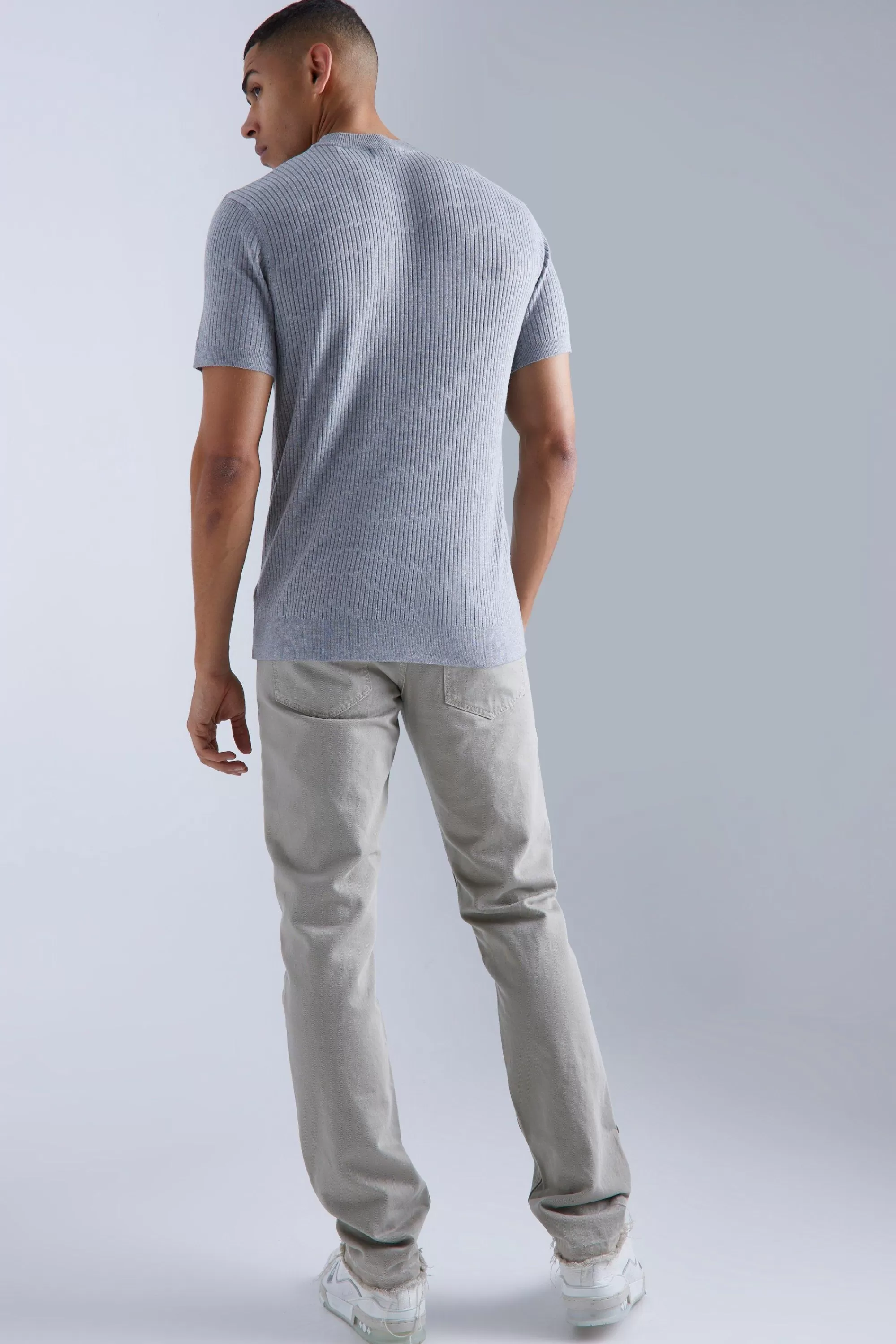 boohooMAN Ribbed Short Sleeve Extended Neck Knitted T-shirt | UK grey marl Outlet