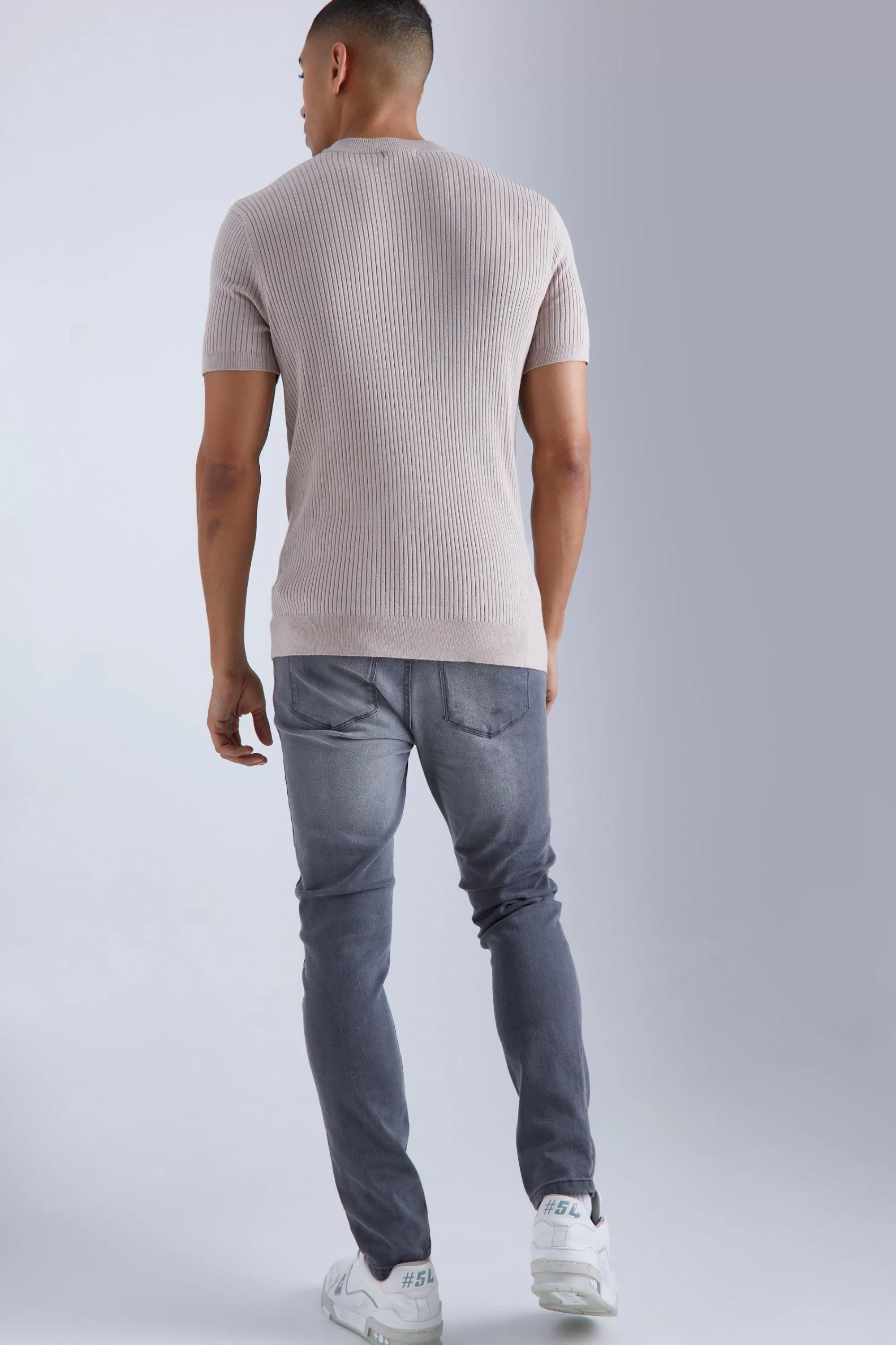 boohooMAN Ribbed Short Sleeve Extended Neck Knitted T-shirt | UK taupe Shop