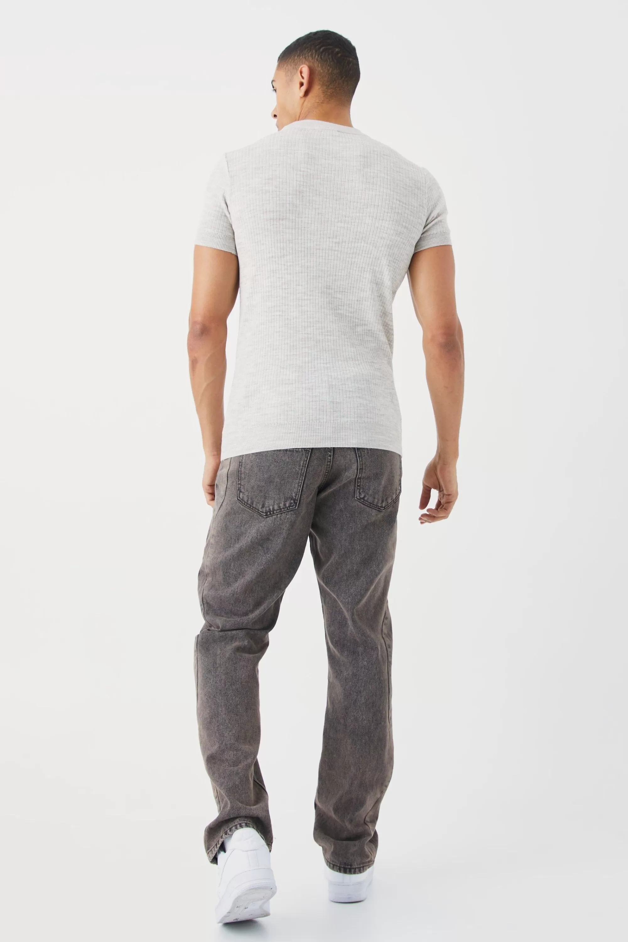 boohooMAN Ribbed Short Sleeve Extended Neck Knitted T-shirt | UK taupe Outlet