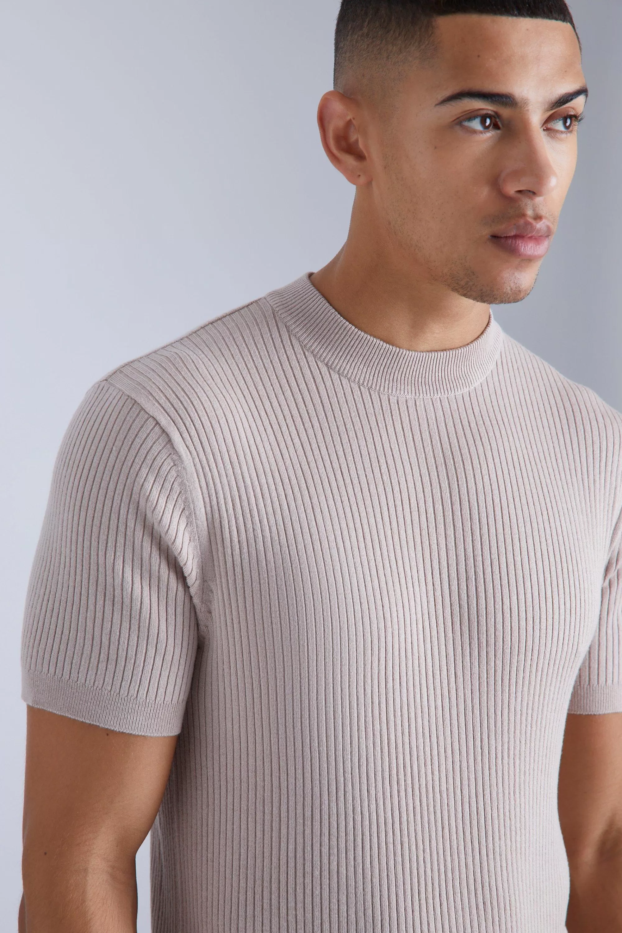 boohooMAN Ribbed Short Sleeve Extended Neck Knitted T-shirt | UK taupe Shop