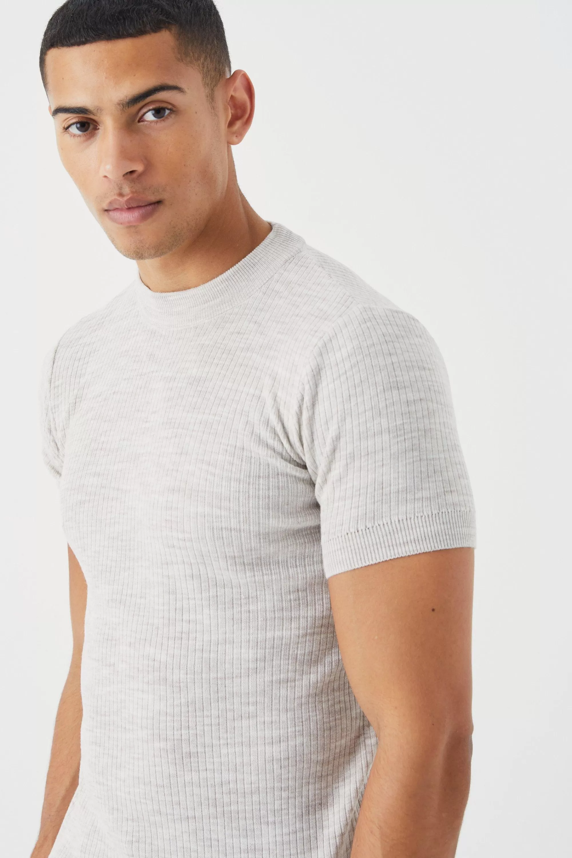 boohooMAN Ribbed Short Sleeve Extended Neck Knitted T-shirt | UK taupe Outlet