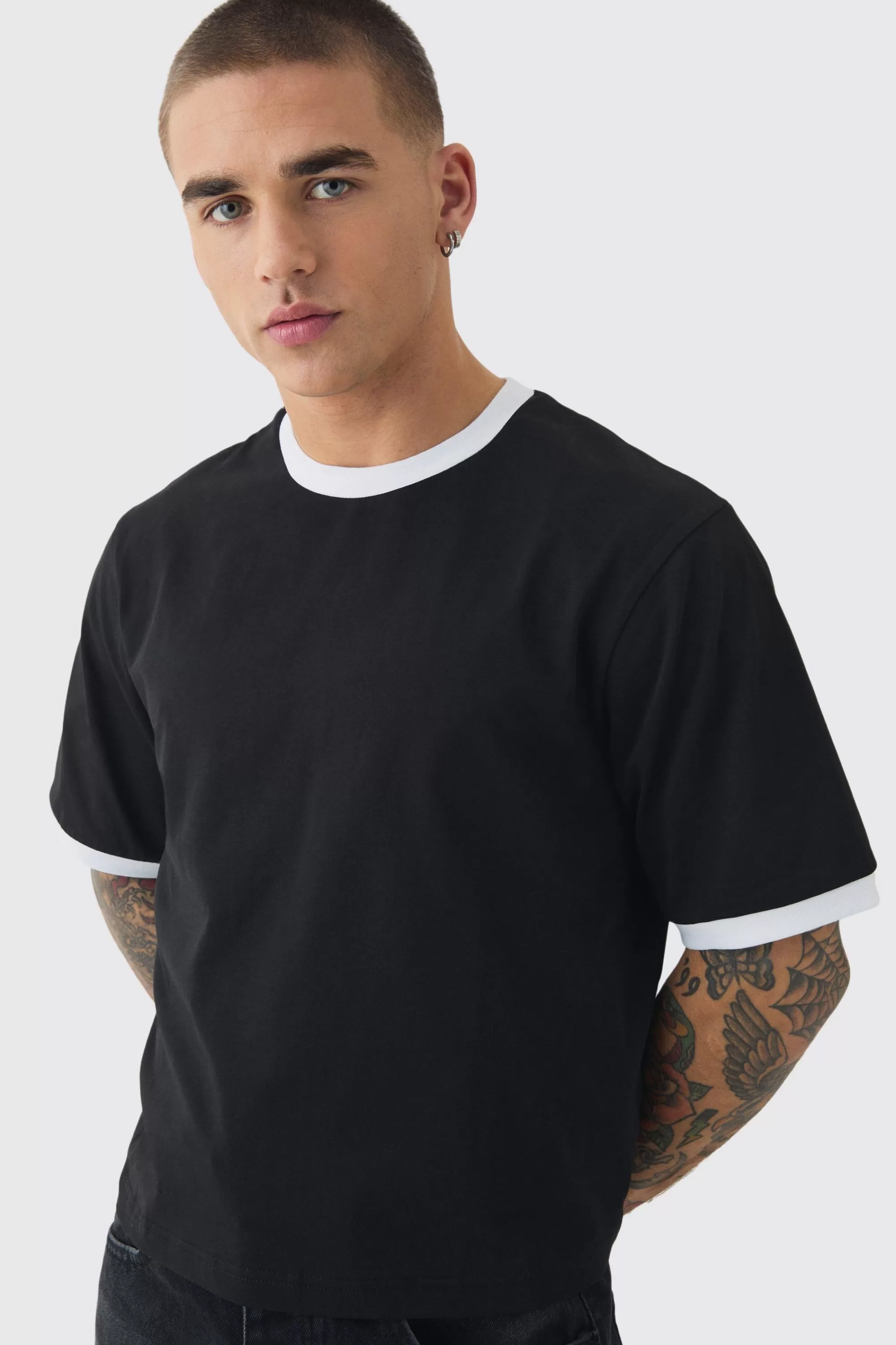 boohooMAN Ringer Neck Baby T-shirt | UK black Shop