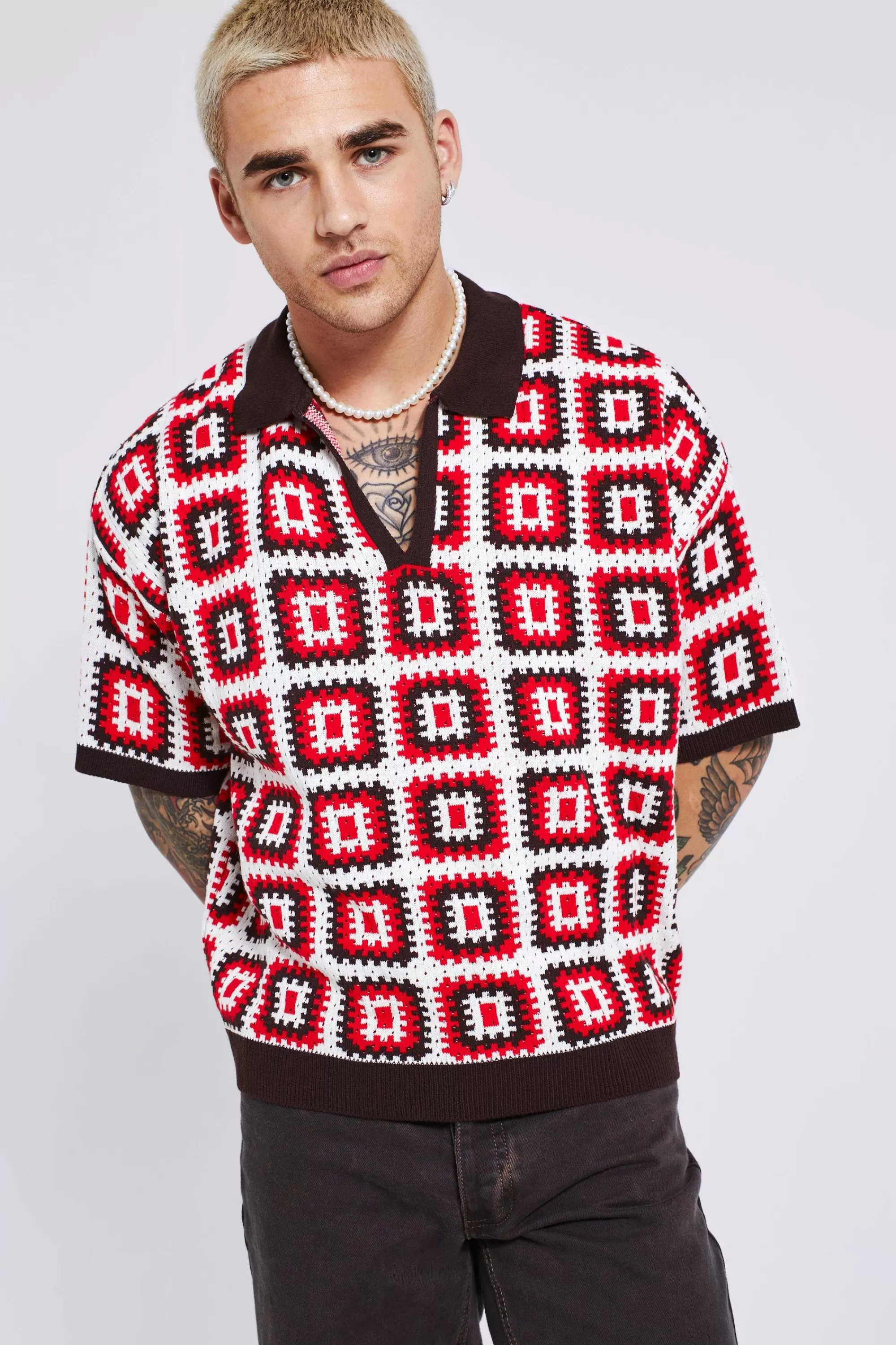 boohooMAN Short Sleeve Boxy Fit Revere Crochet Polo | UK red Best