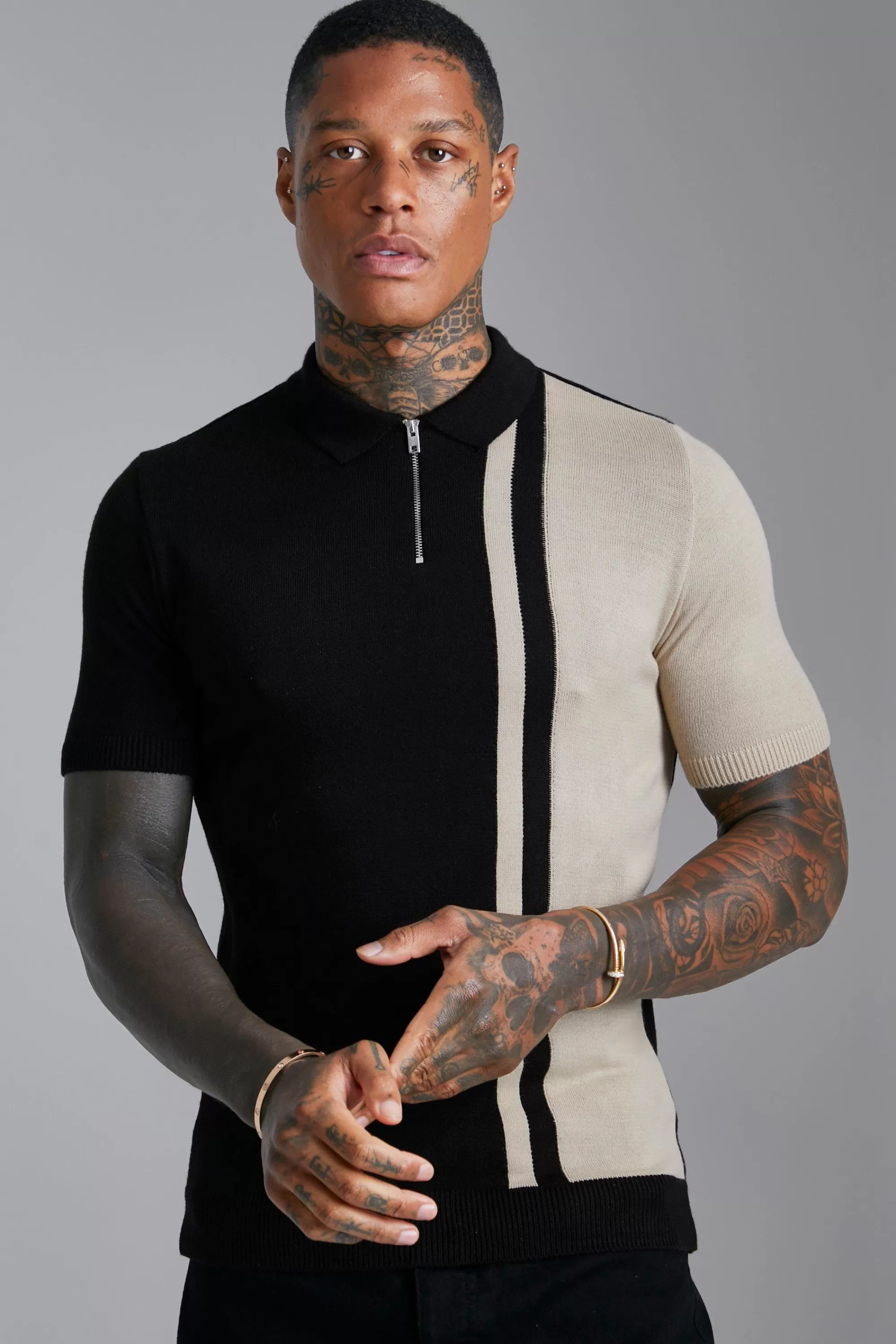 boohooMAN Short Sleeve Muscle Fit Colour Block Knit Polo | UK black Store