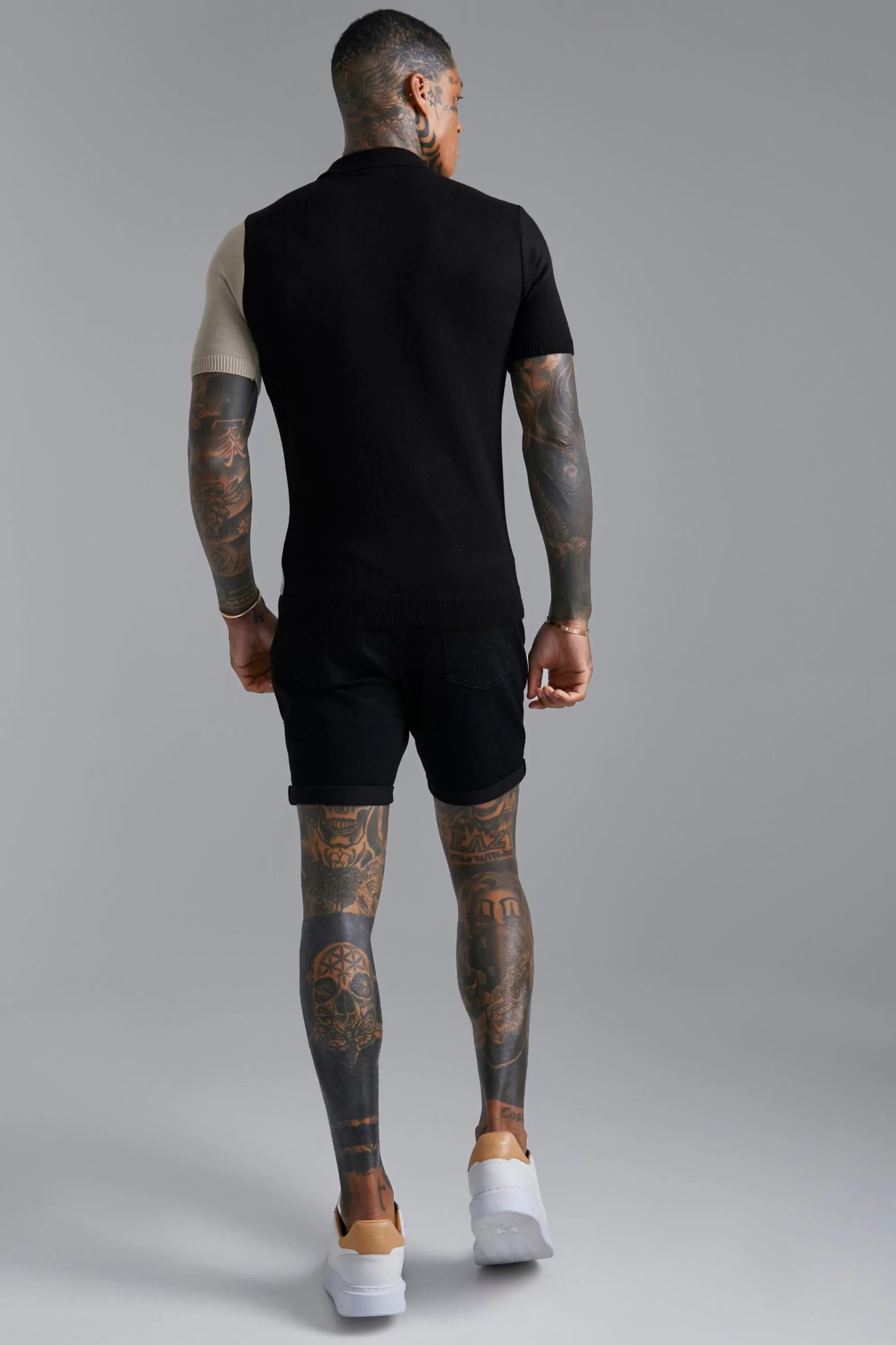 boohooMAN Short Sleeve Muscle Fit Colour Block Knit Polo | UK black Store