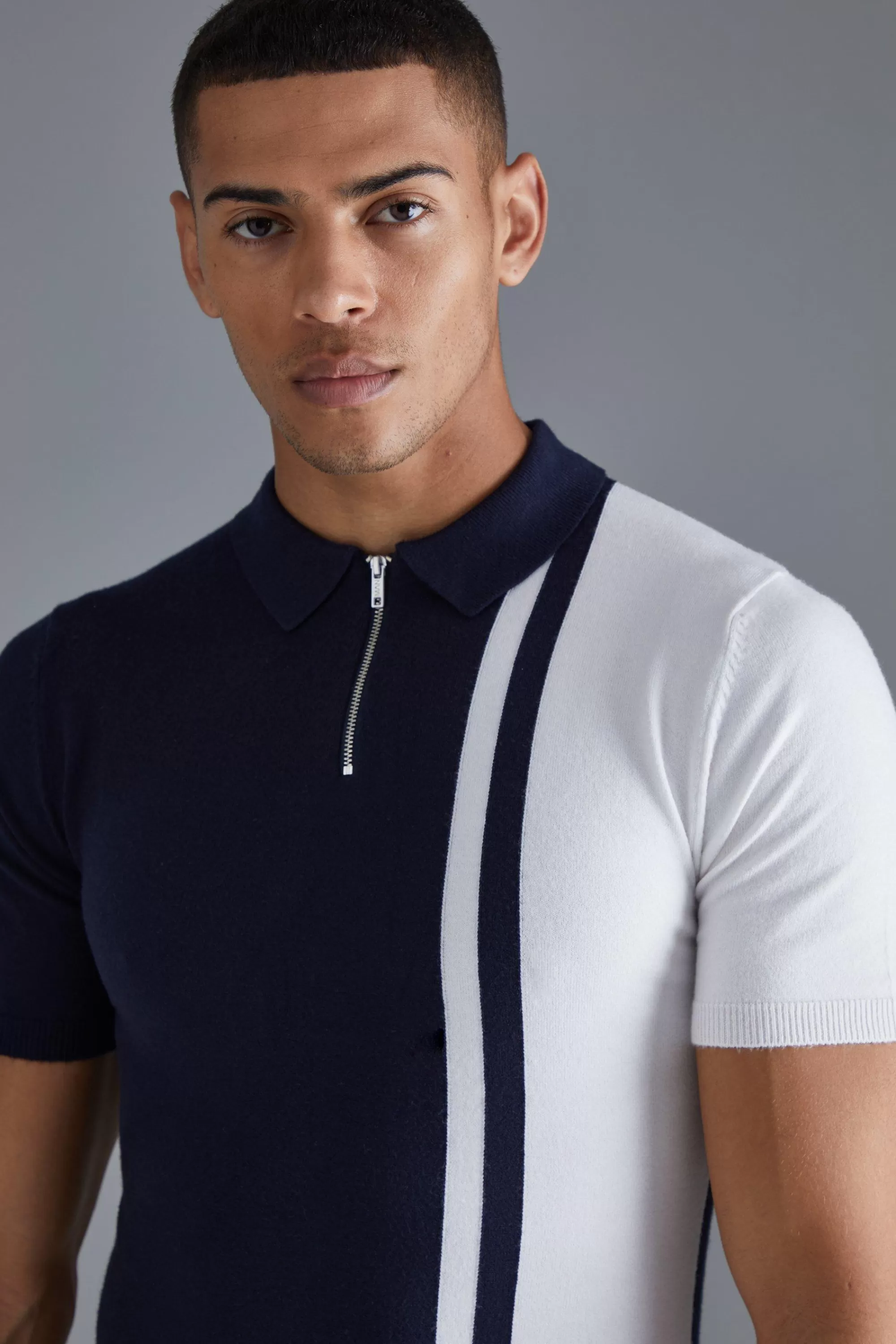 boohooMAN Short Sleeve Muscle Fit Colour Block Polo | UK navy Cheap