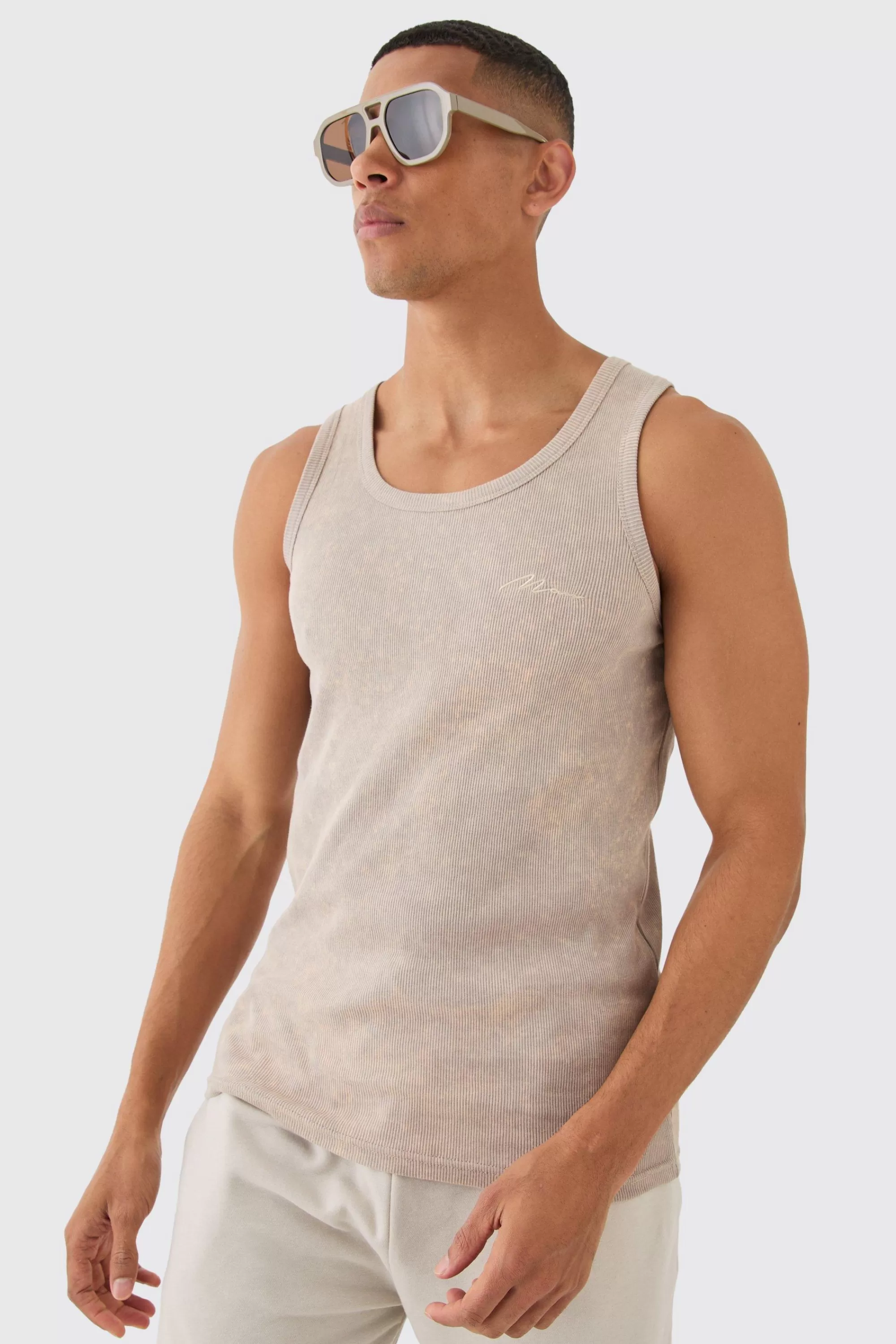 boohooMAN Slim Acid Washed Man Signature Ribbed Vest | UK stone Outlet
