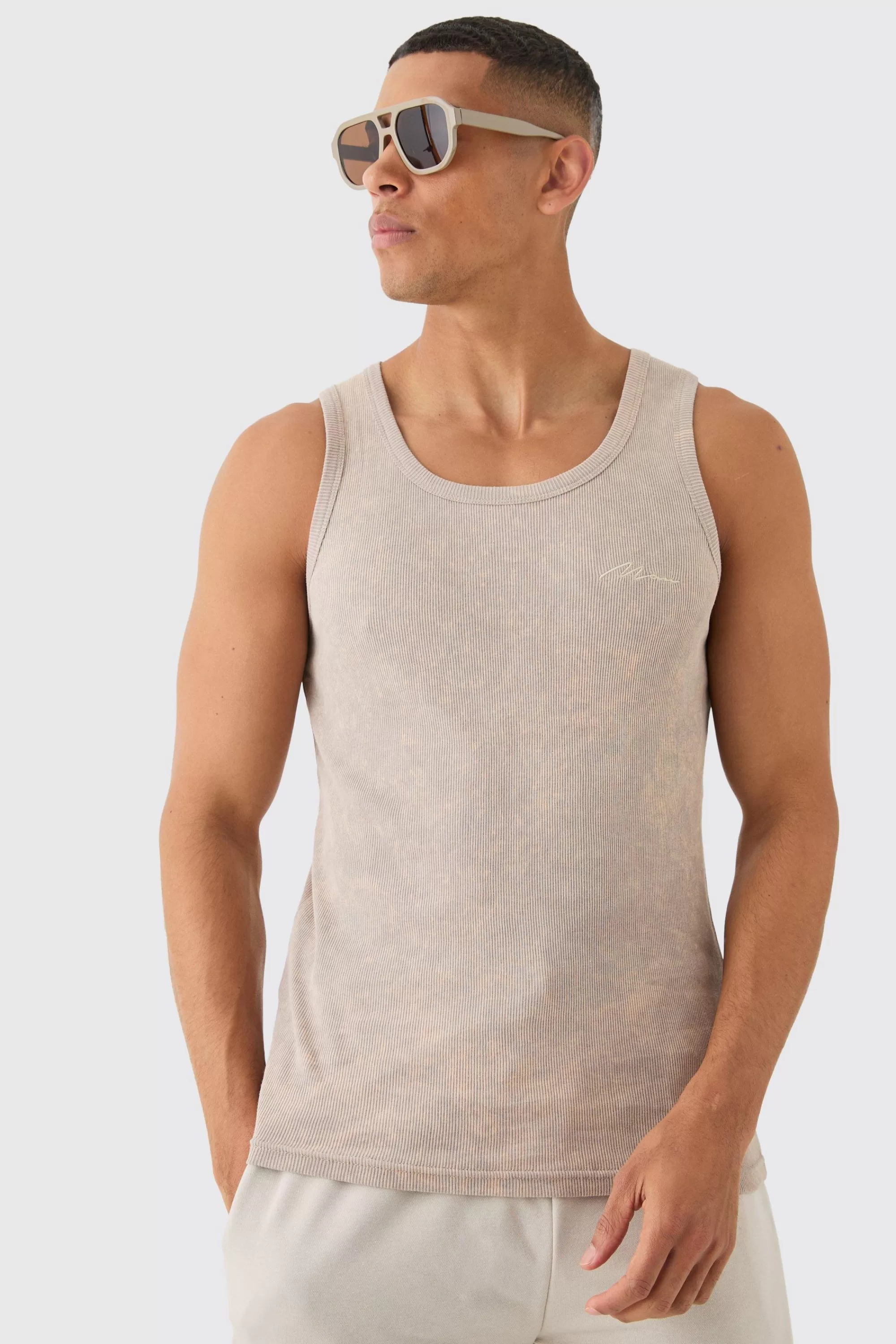 boohooMAN Slim Acid Washed Man Signature Ribbed Vest | UK stone Outlet