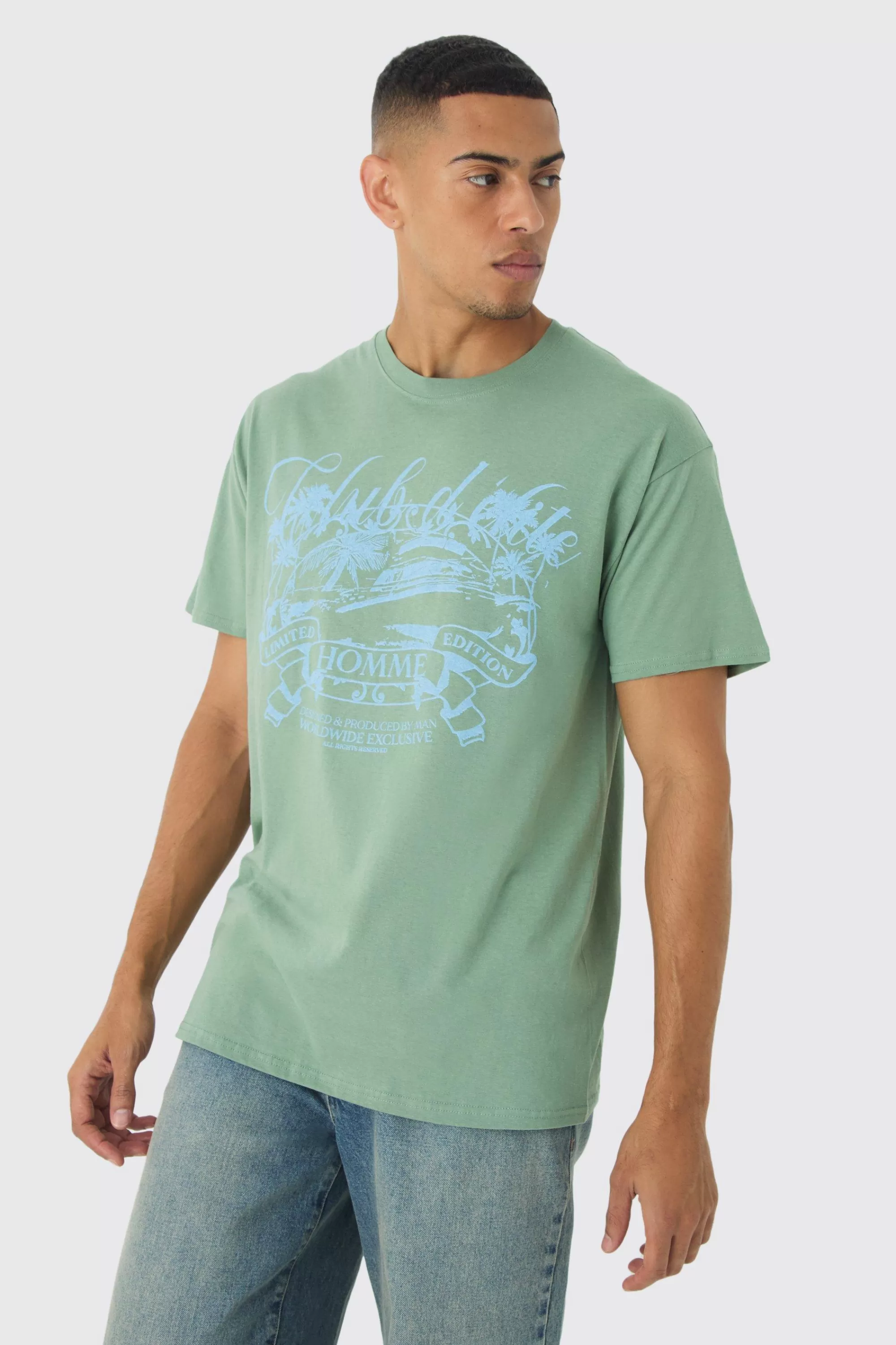 boohooMAN Slim Club D'Elite Print T-Shirt | UK sage New
