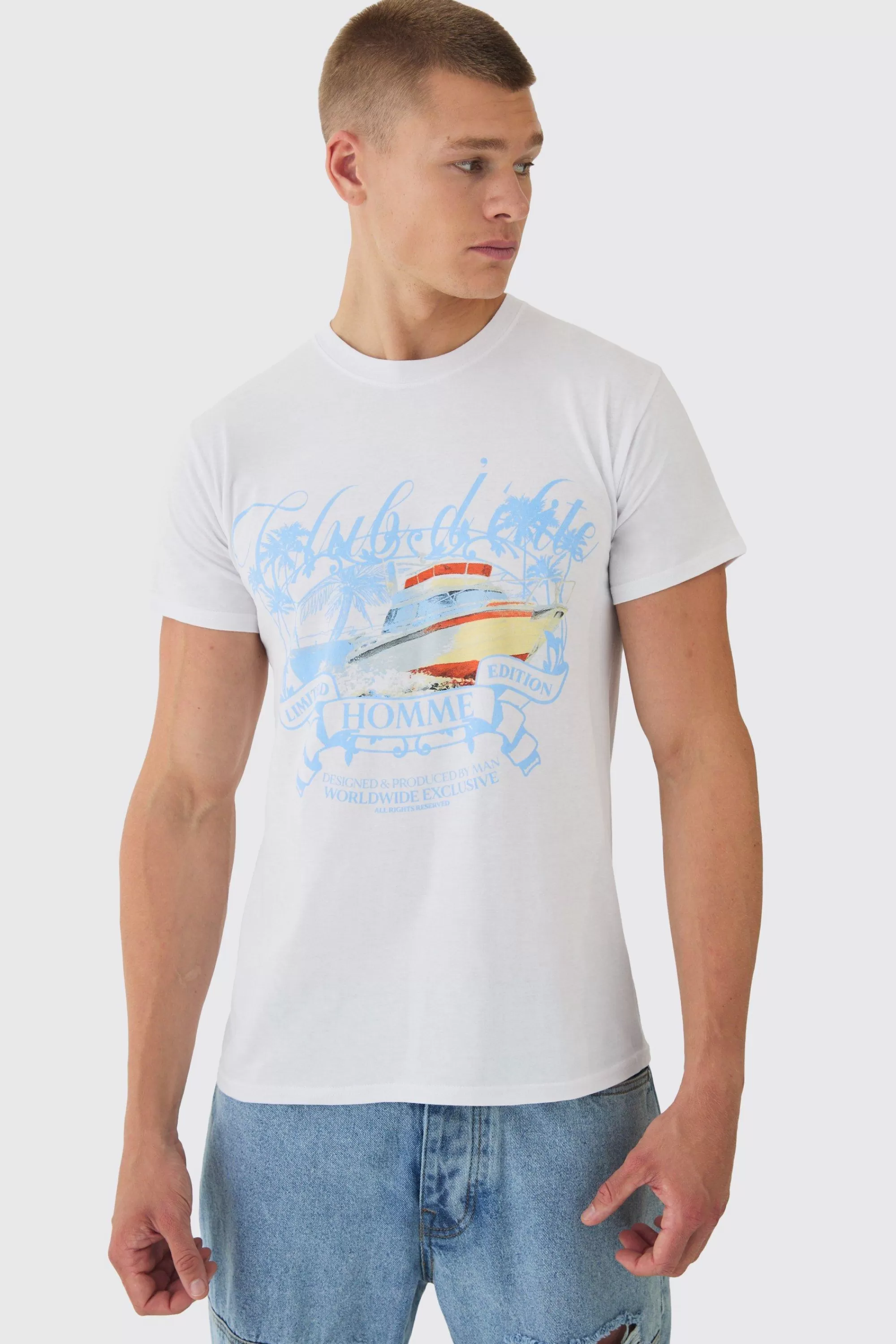 boohooMAN Slim Club D'Elite Print T-Shirt | UK white Cheap