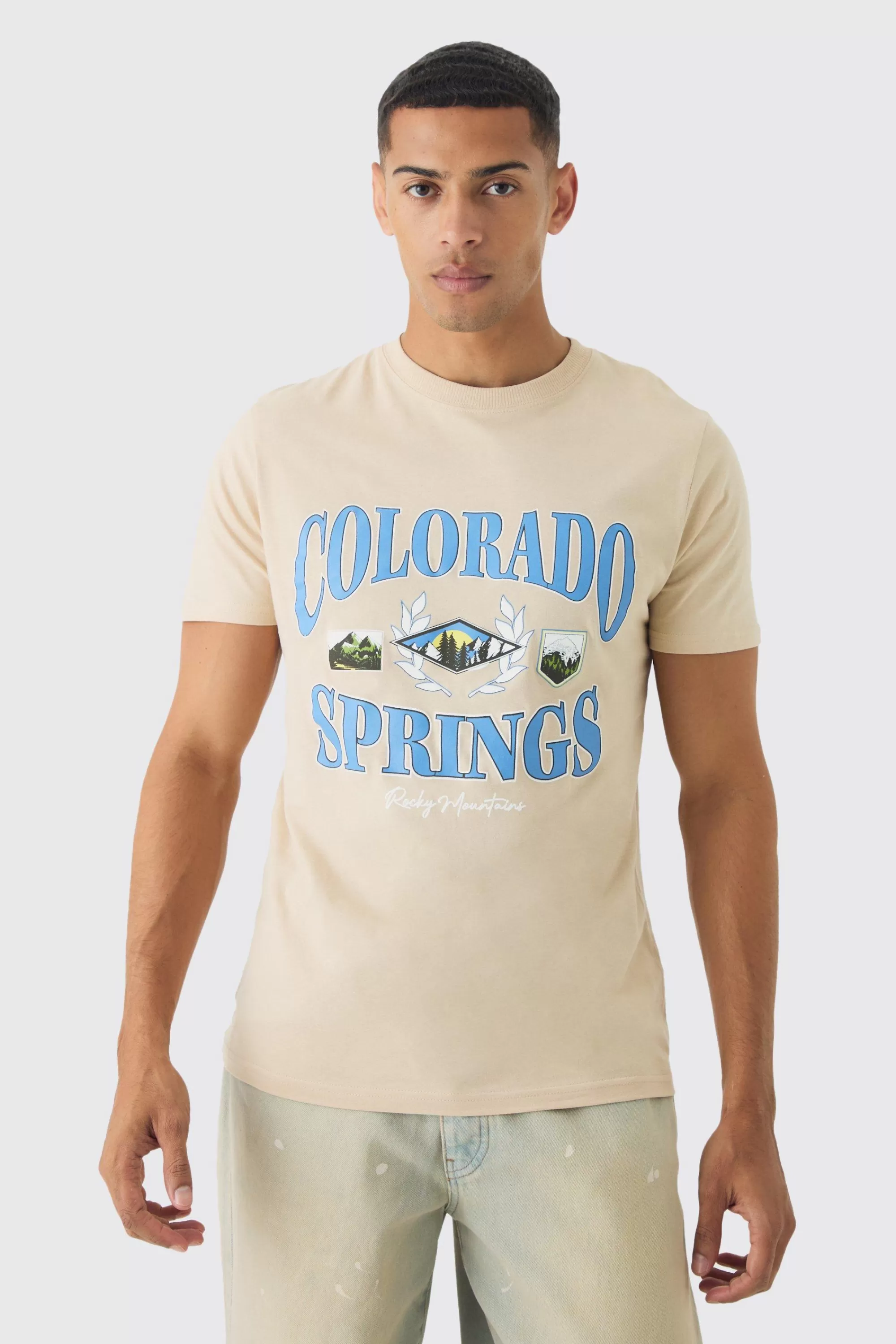boohooMAN Slim Colorado Springs Print T-Shirt | UK sand Clearance