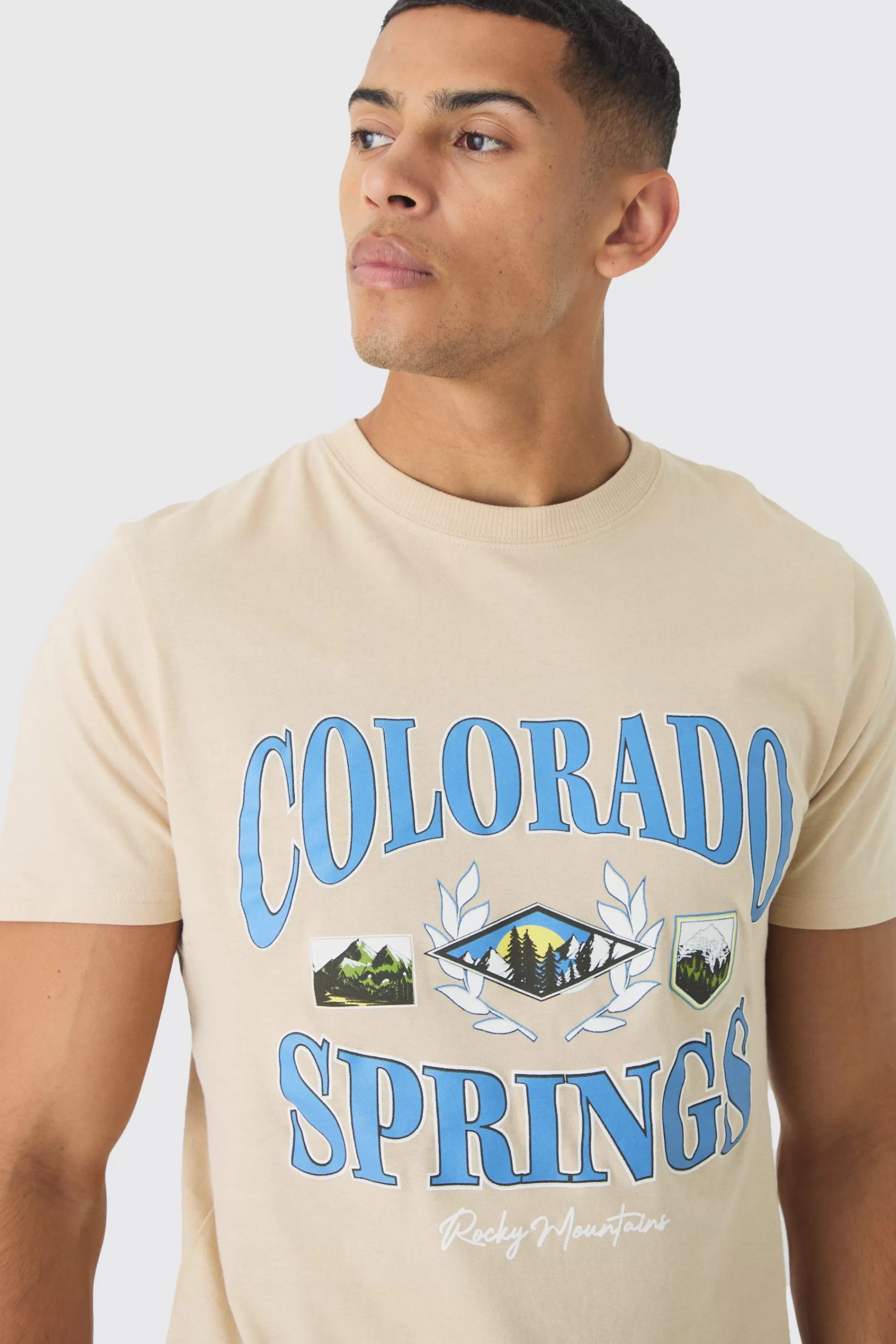 boohooMAN Slim Colorado Springs Print T-Shirt | UK sand Clearance