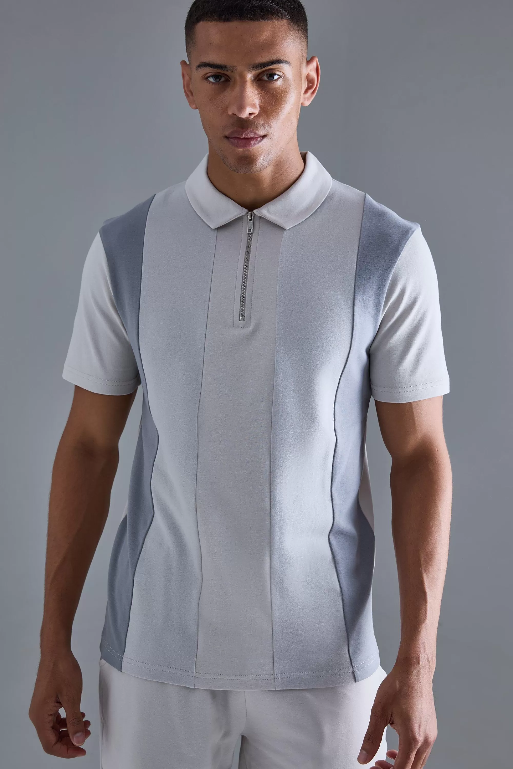 boohooMAN Slim Contrast Panel Interlock Polo | UK light grey Discount