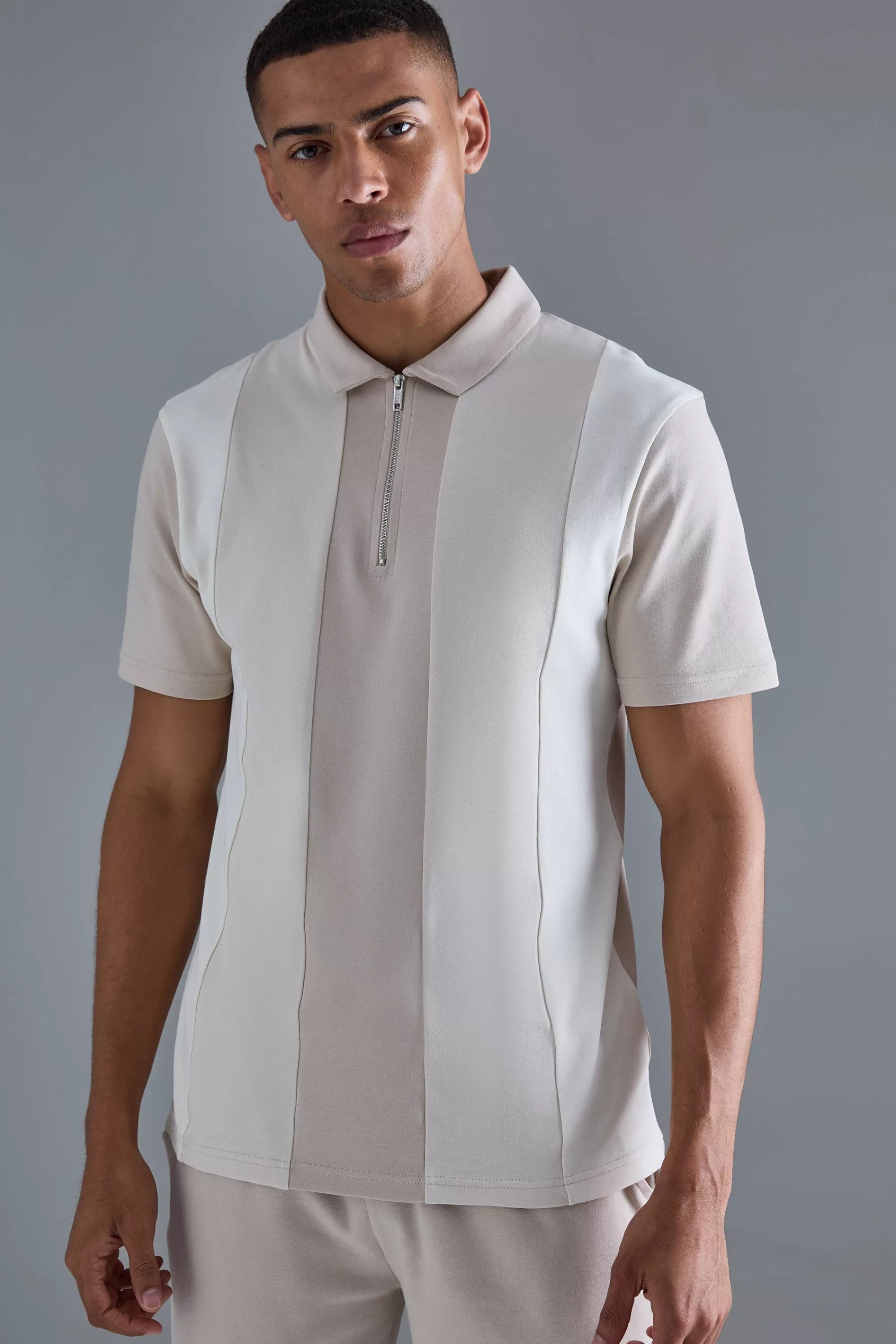boohooMAN Slim Contrast Panel Interlock Polo | UK stone Hot