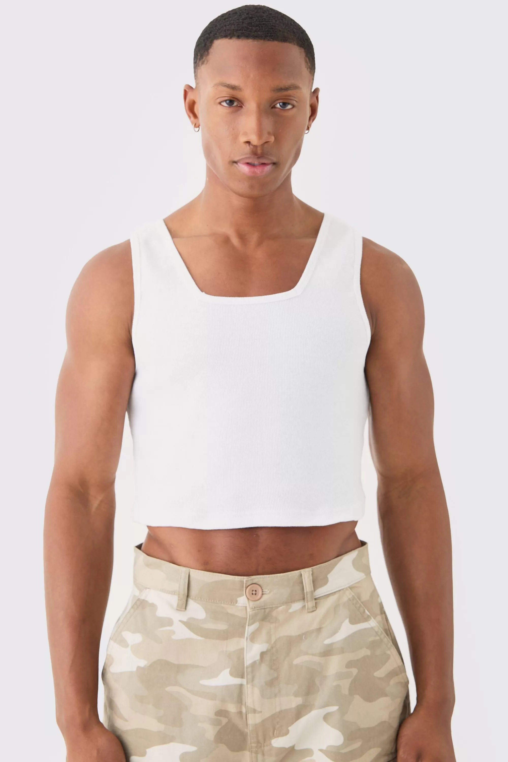 boohooMAN Slim Cropped Square Neck Interlock Vest | UK white Best