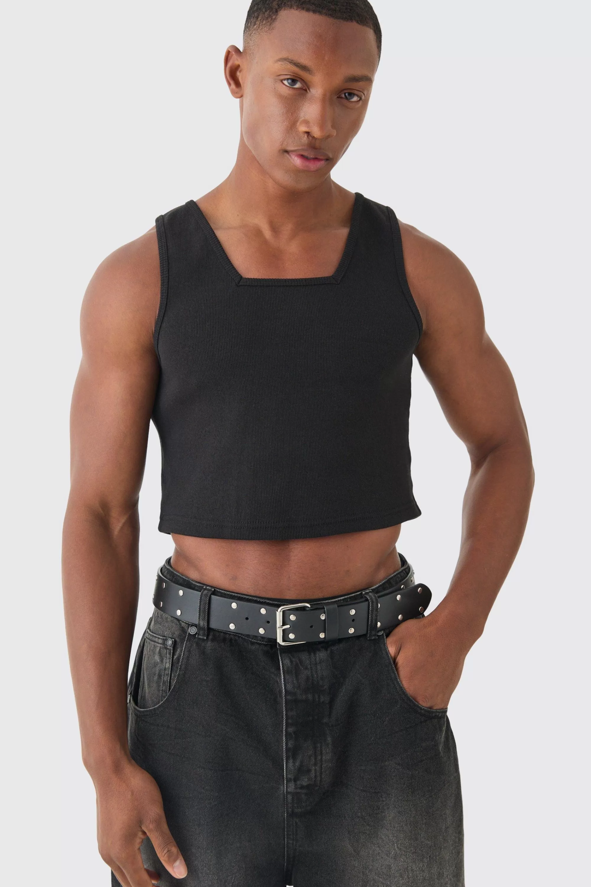 boohooMAN Slim Cropped Square Neck Interlock Vest | UK black Online