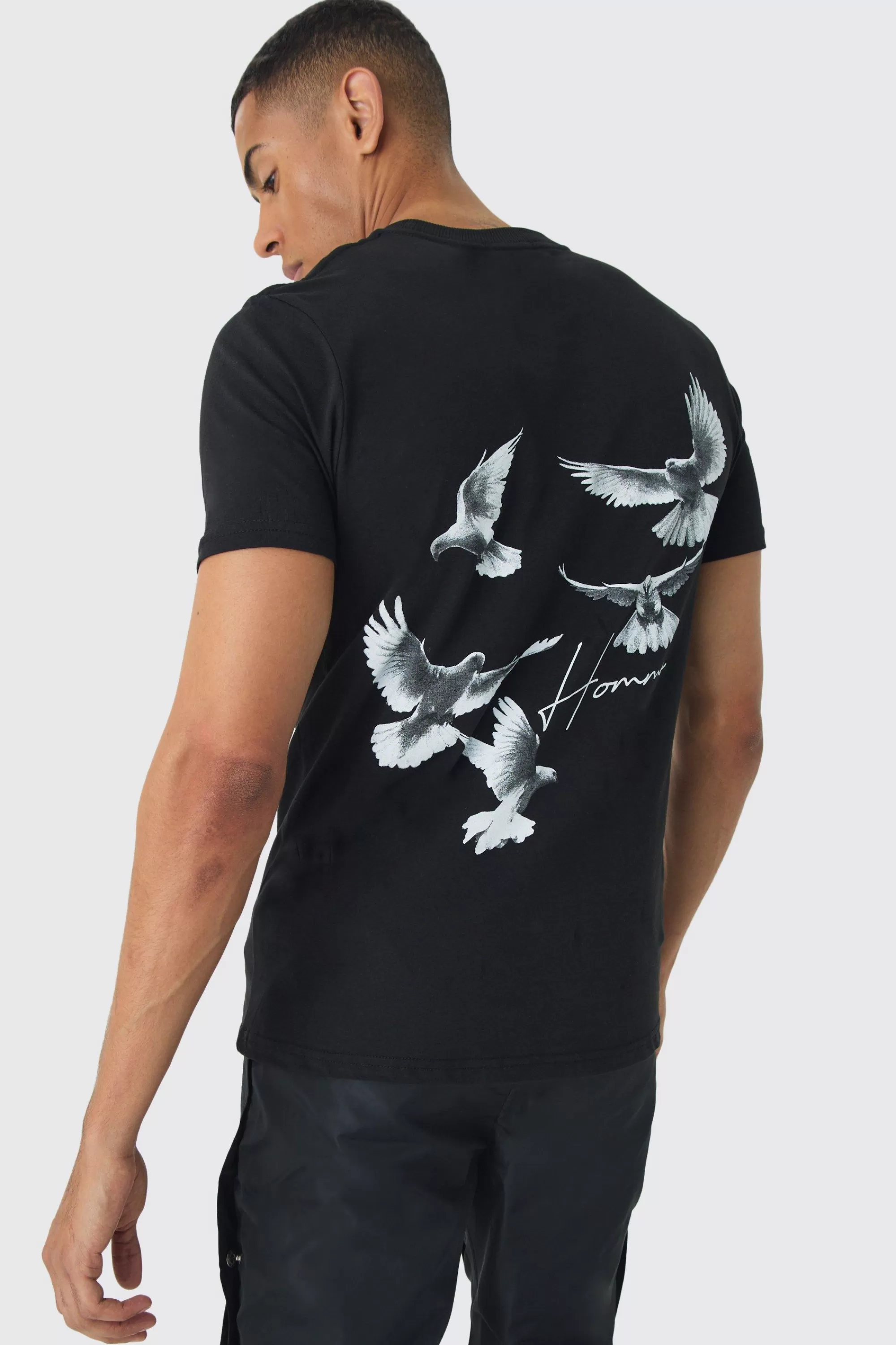 boohooMAN Slim Dove Back Print T-Shirt | UK black Fashion