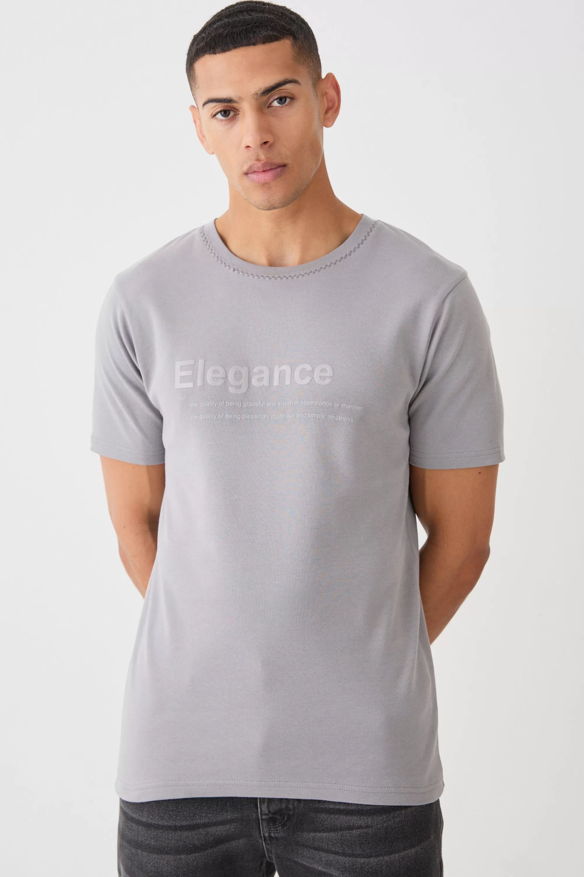 boohooMAN Slim Elegance Gloss Print T-shirt | UK charcoal Shop