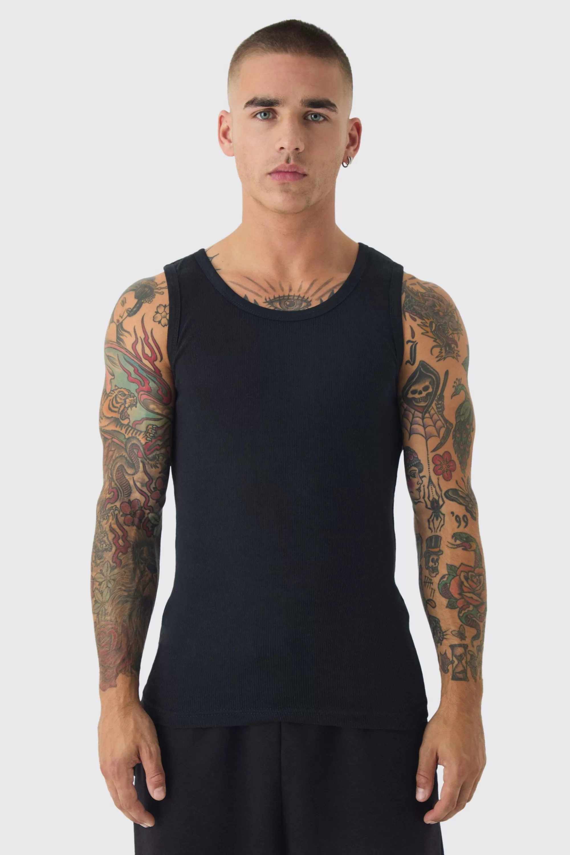 boohooMAN Slim Fit Branded Ribbed Vest | UK black Fashion