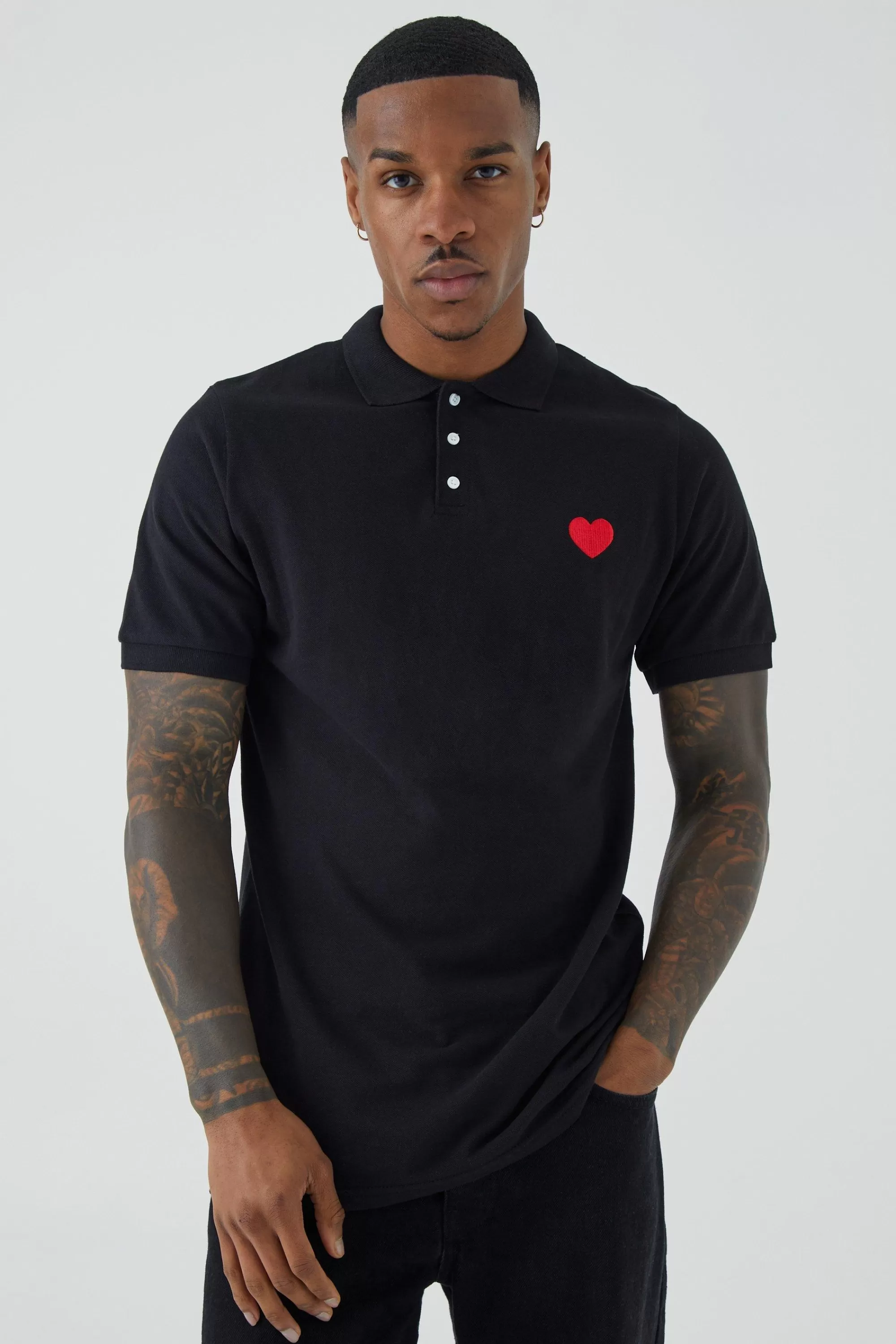 boohooMAN Slim Fit Heart Short Sleeve Pique Polo | UK black Online