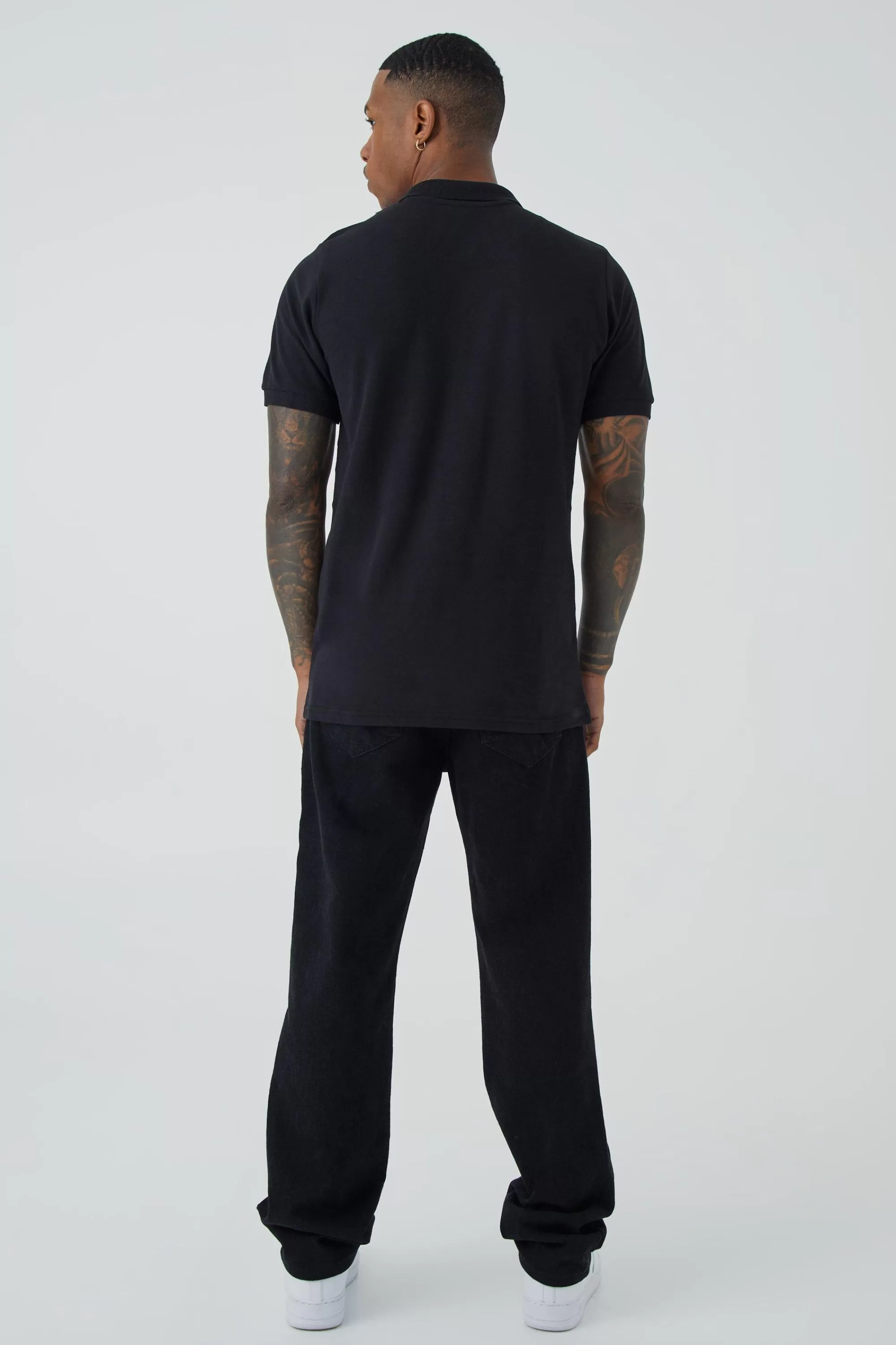 boohooMAN Slim Fit Heart Short Sleeve Pique Polo | UK black Online