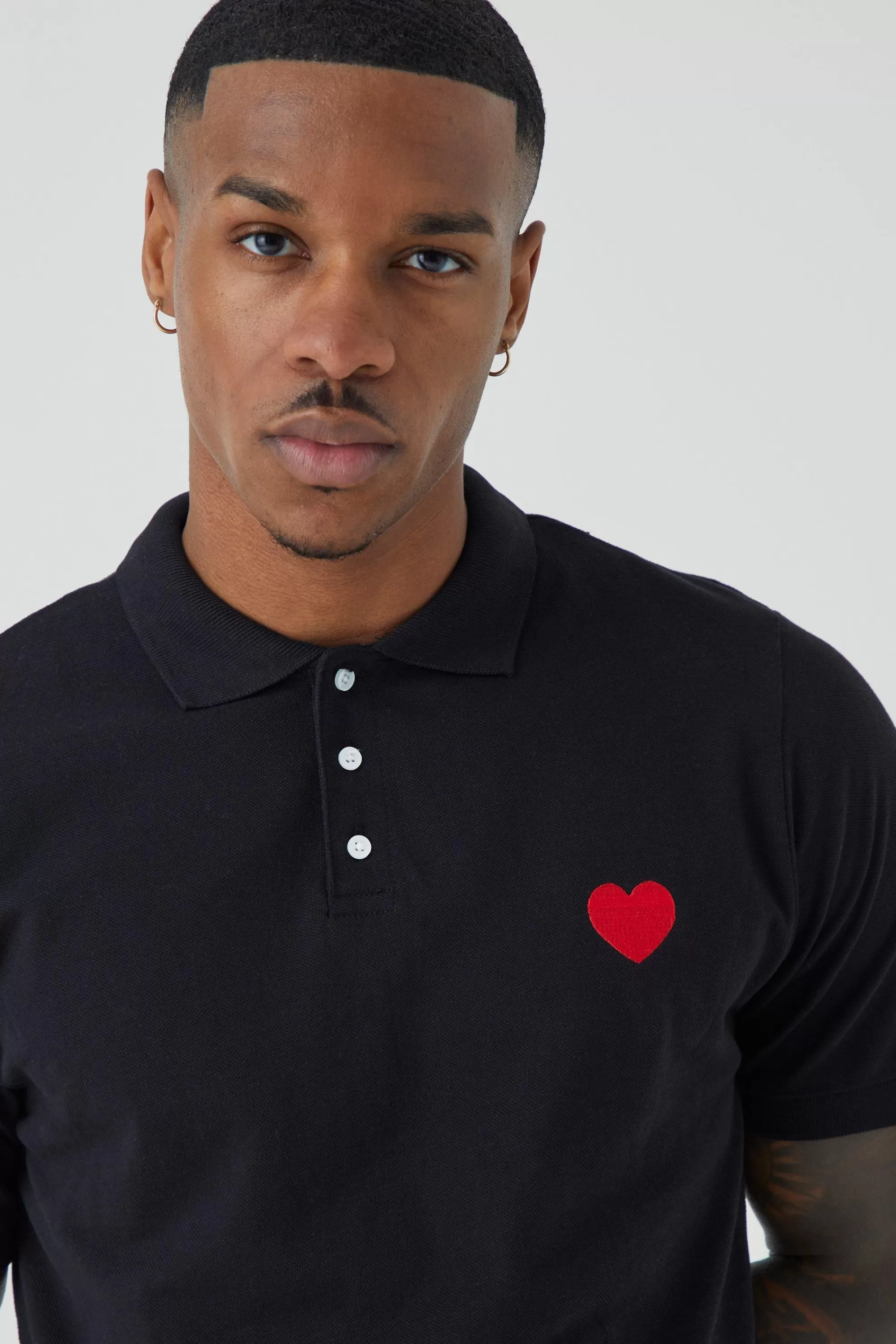 boohooMAN Slim Fit Heart Short Sleeve Pique Polo | UK black Online