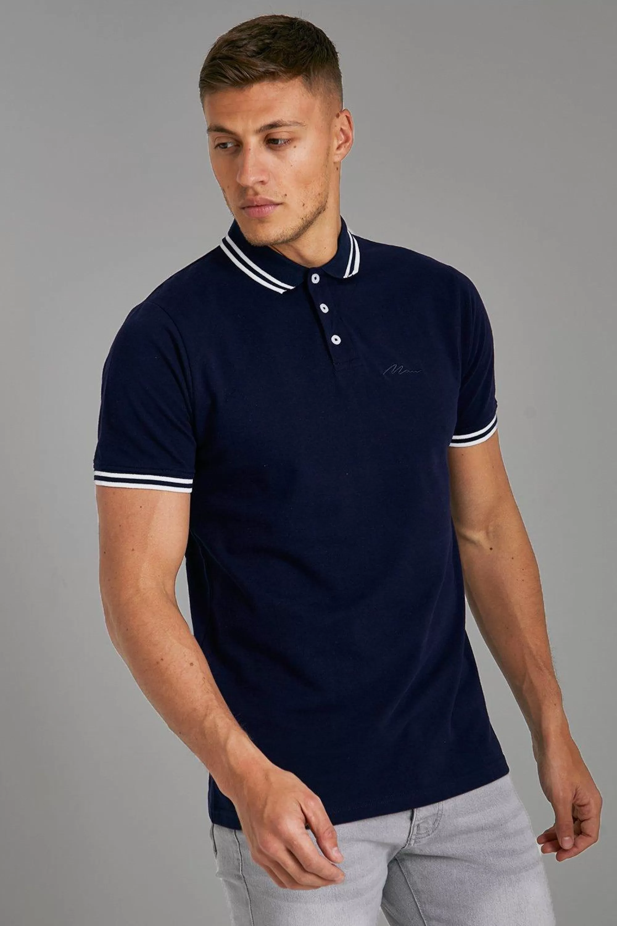 boohooMAN Slim Fit Man Signature Tipped Pique Polo | UK mid navy Online
