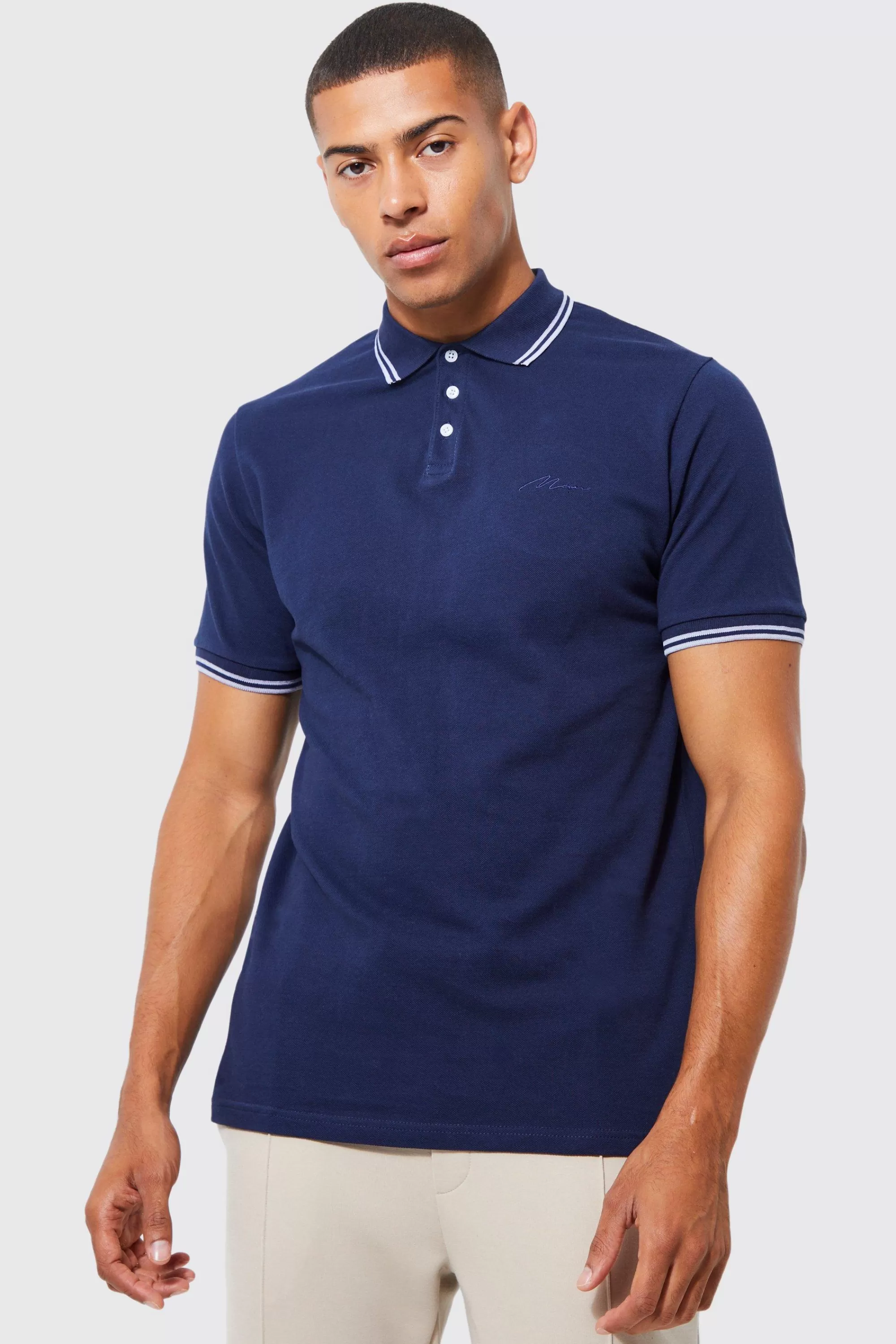 boohooMAN Slim Fit Man Signature Tipped Pique Polo | UK mid navy Cheap