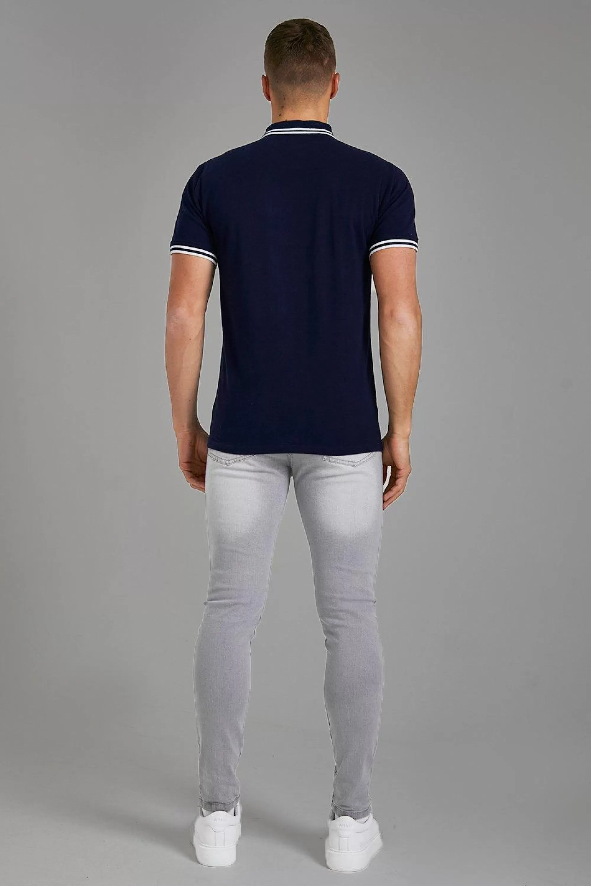 boohooMAN Slim Fit Man Signature Tipped Pique Polo | UK mid navy Online
