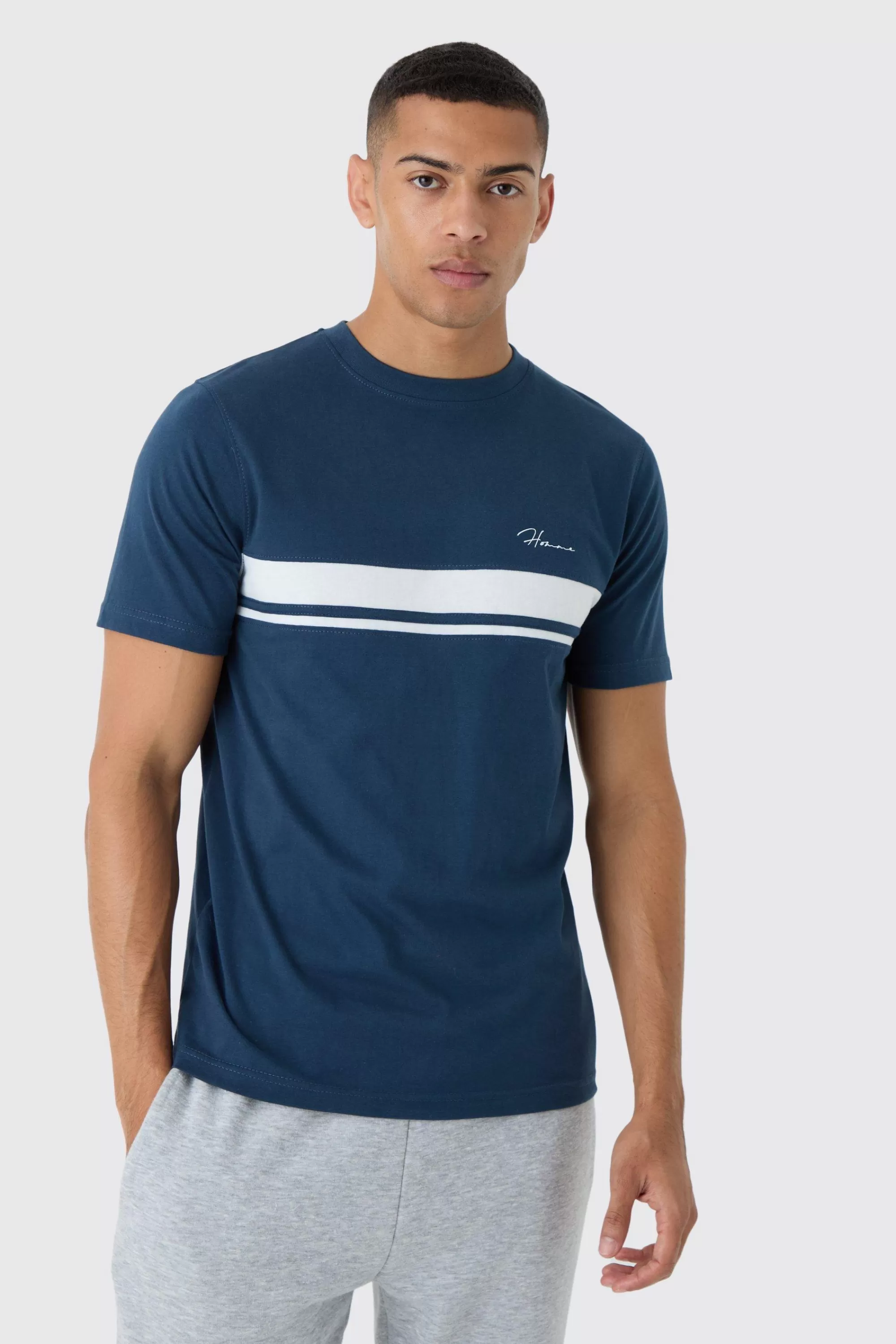 boohooMAN Slim Homme Script Colour Block T-shirt | UK navy Cheap