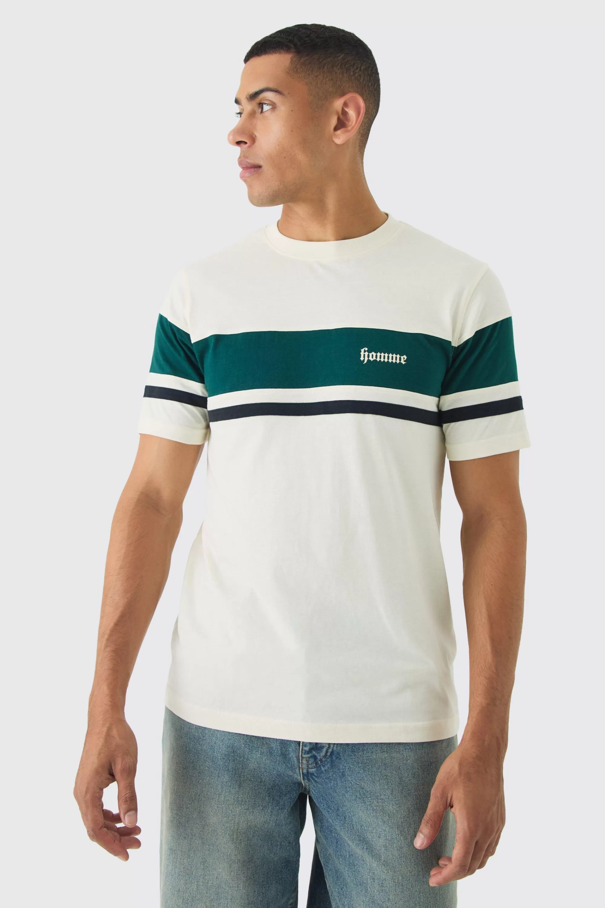 boohooMAN Slim Homme Script Colour Block T-shirt | UK ecru Best Sale
