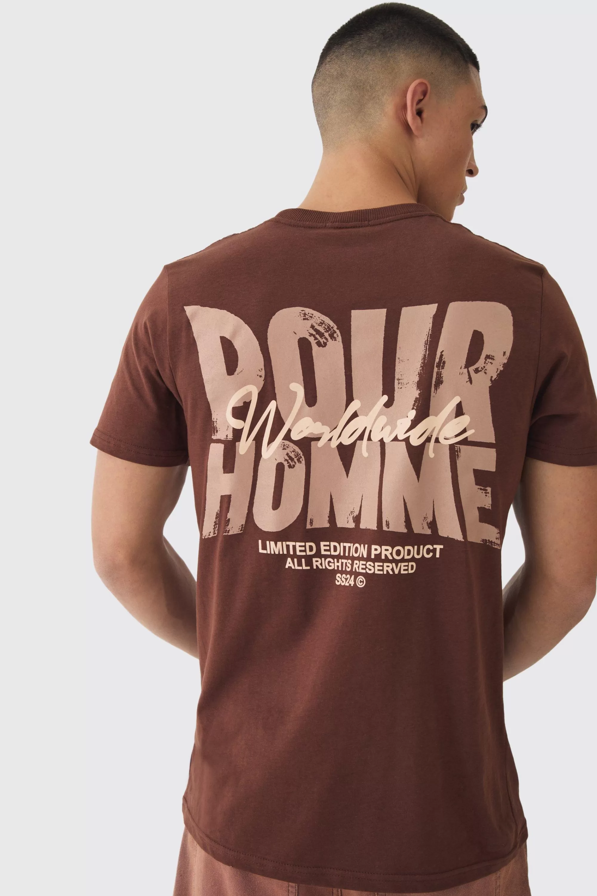 boohooMAN Slim Homme Worldwide Back Print T-Shirt | UK chocolate Clearance