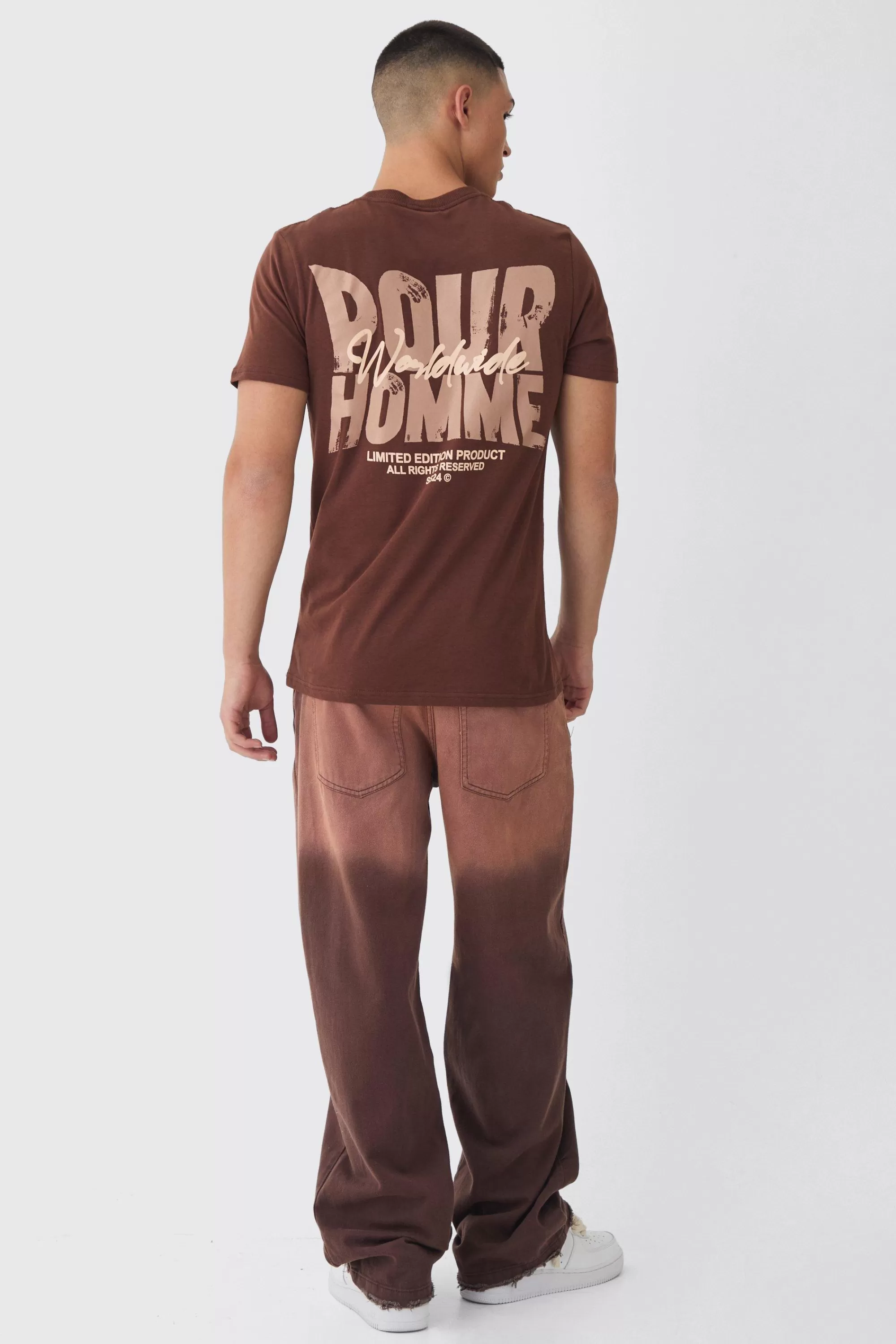 boohooMAN Slim Homme Worldwide Back Print T-Shirt | UK chocolate Clearance