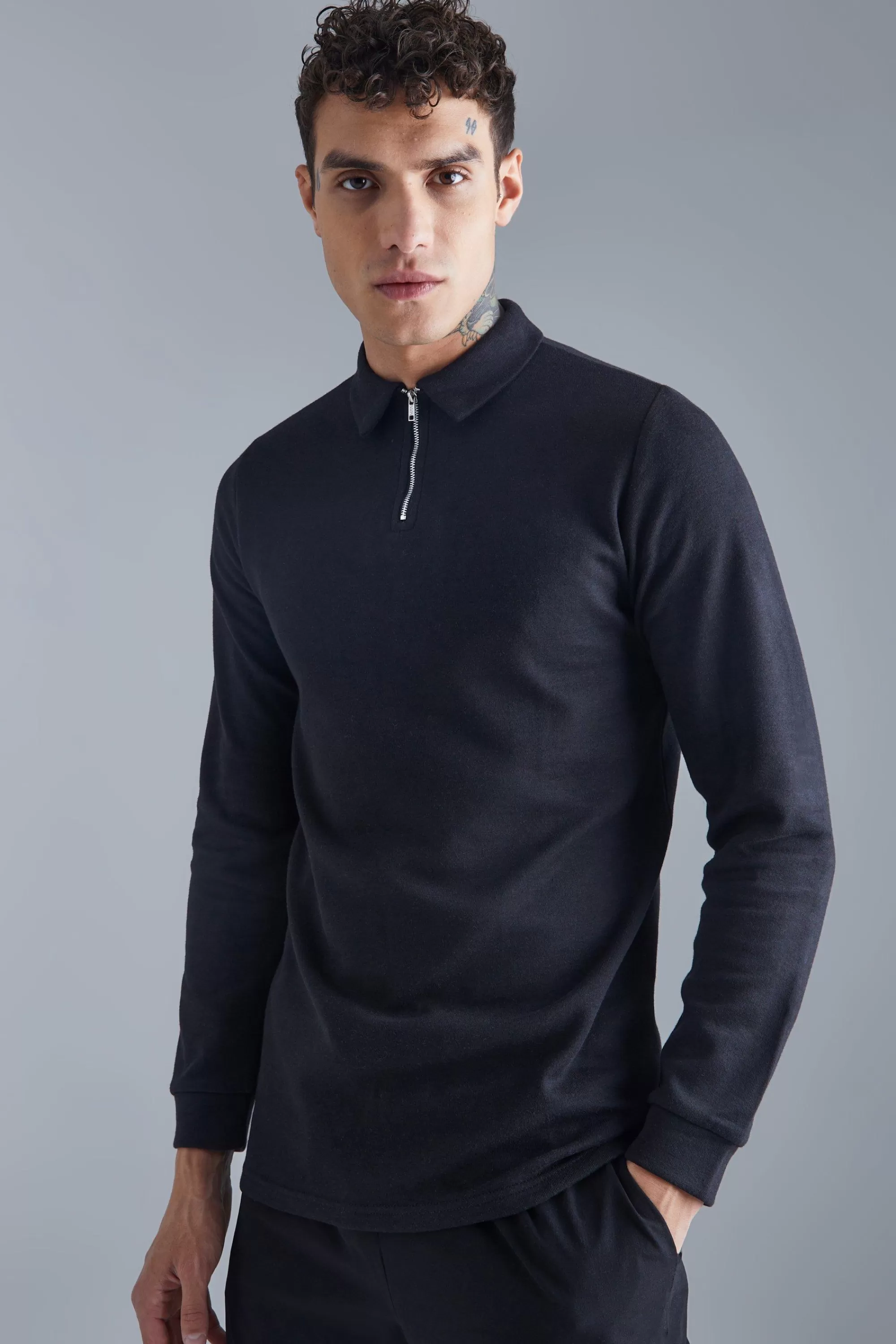 boohooMAN Slim Interlock Long Sleeved Polo | UK black Flash Sale
