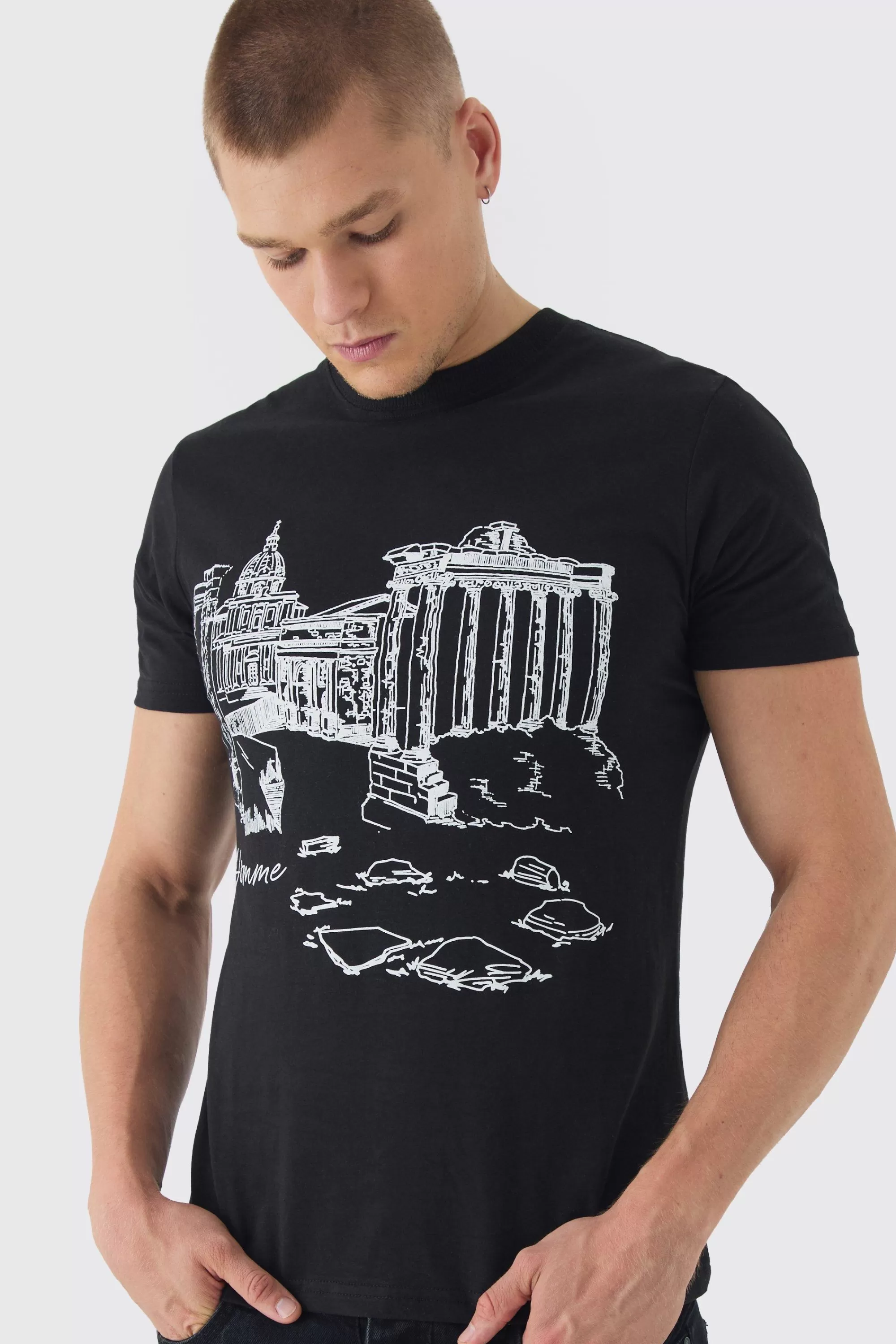 boohooMAN Slim Landscape Stencil Print T-Shirt | UK black Discount