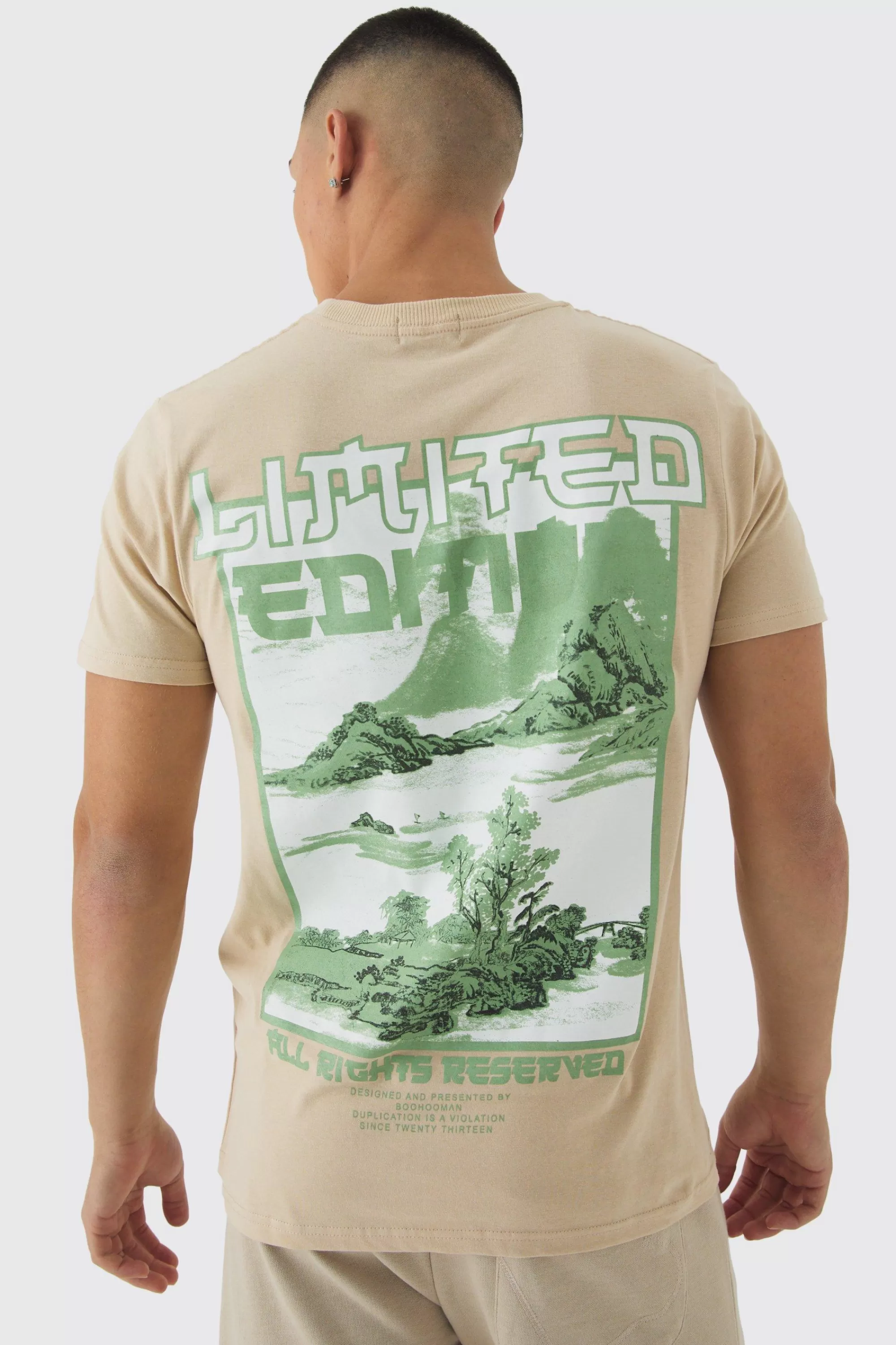 boohooMAN Slim Limited Edition Landscape Back Print T-Shirt | UK sand Online