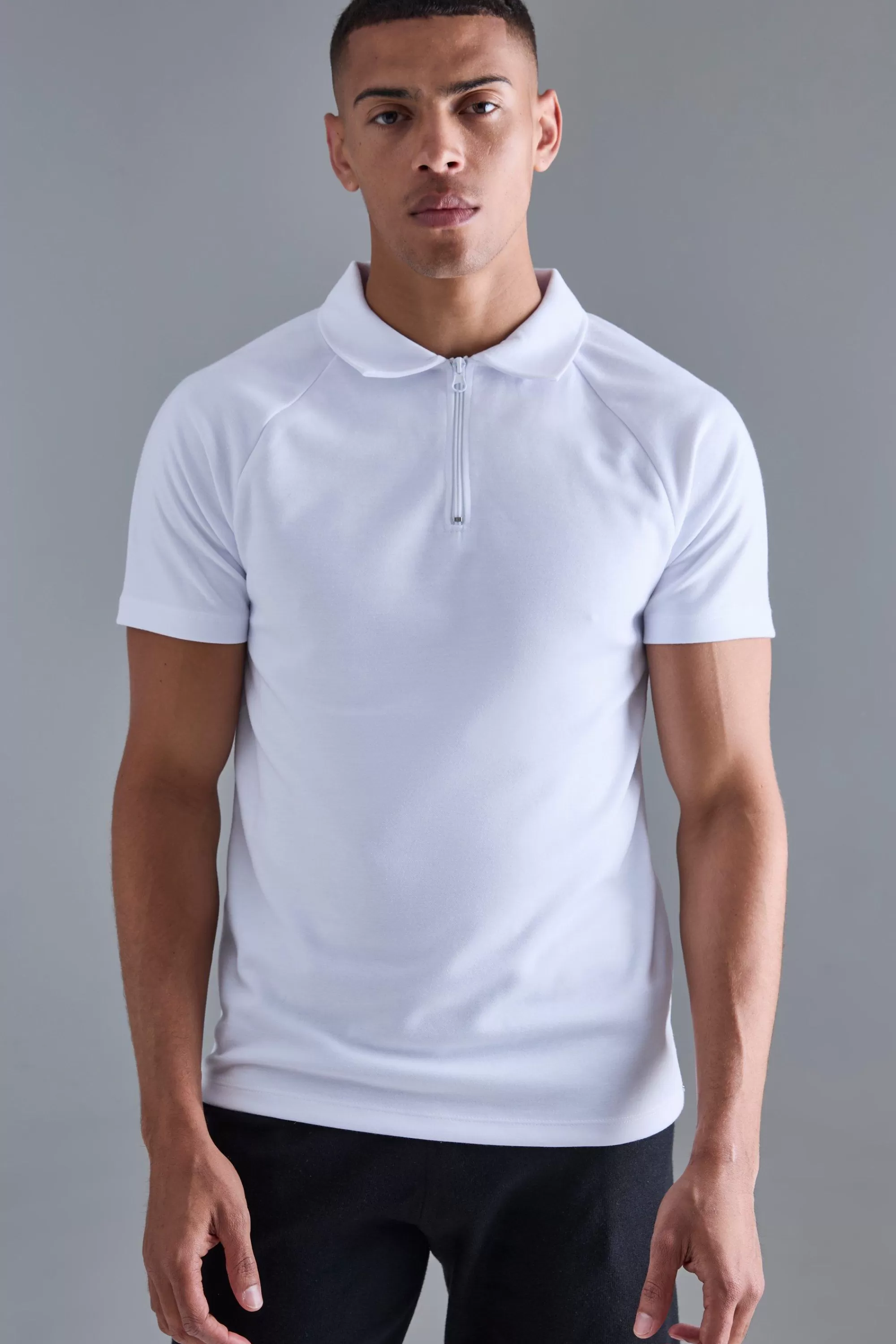 boohooMAN Slim Raglan Zip Neck Interlock Golf Polo | UK white Best