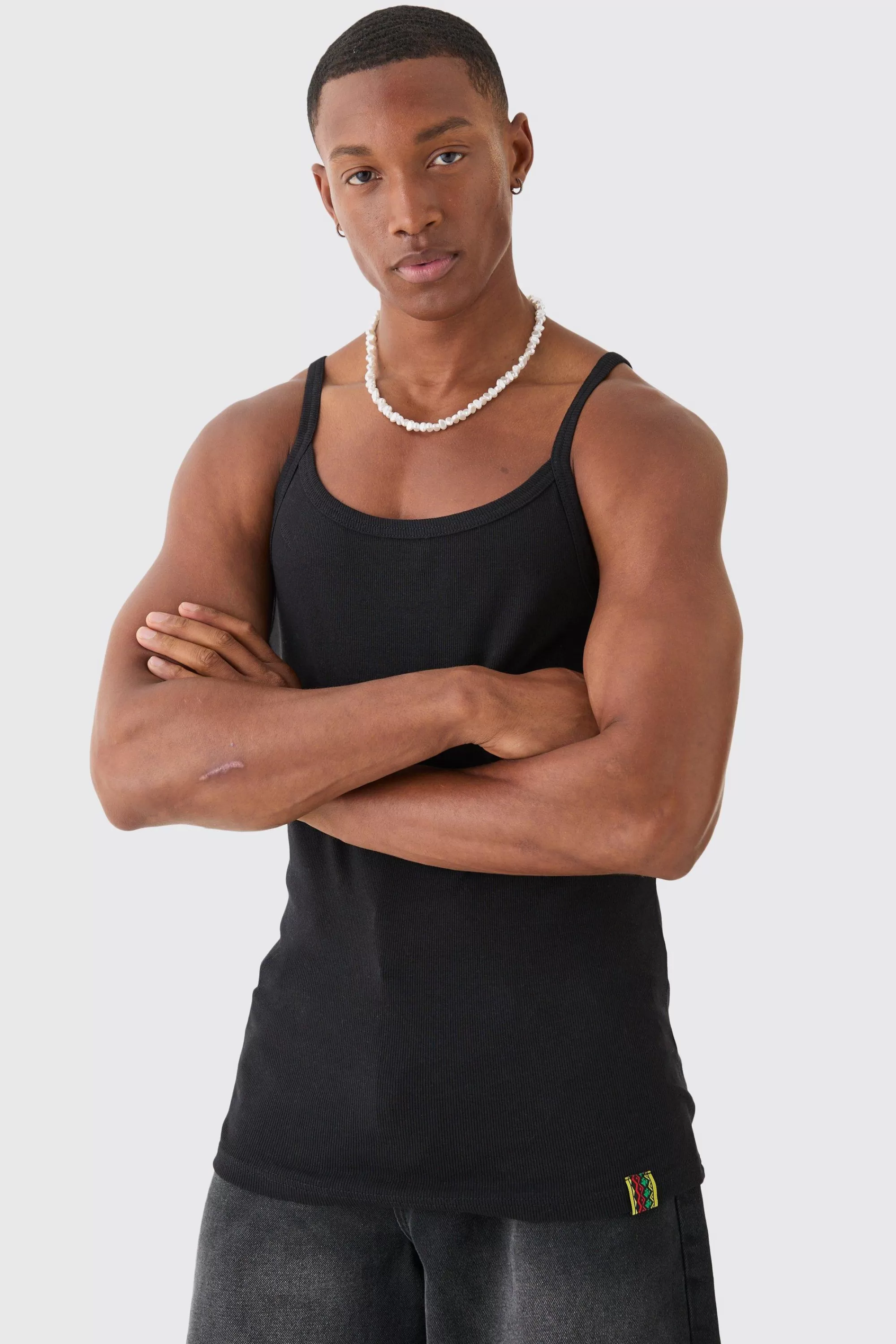 boohooMAN Slim Squared Neck Ribbed Vest | UK black Cheap