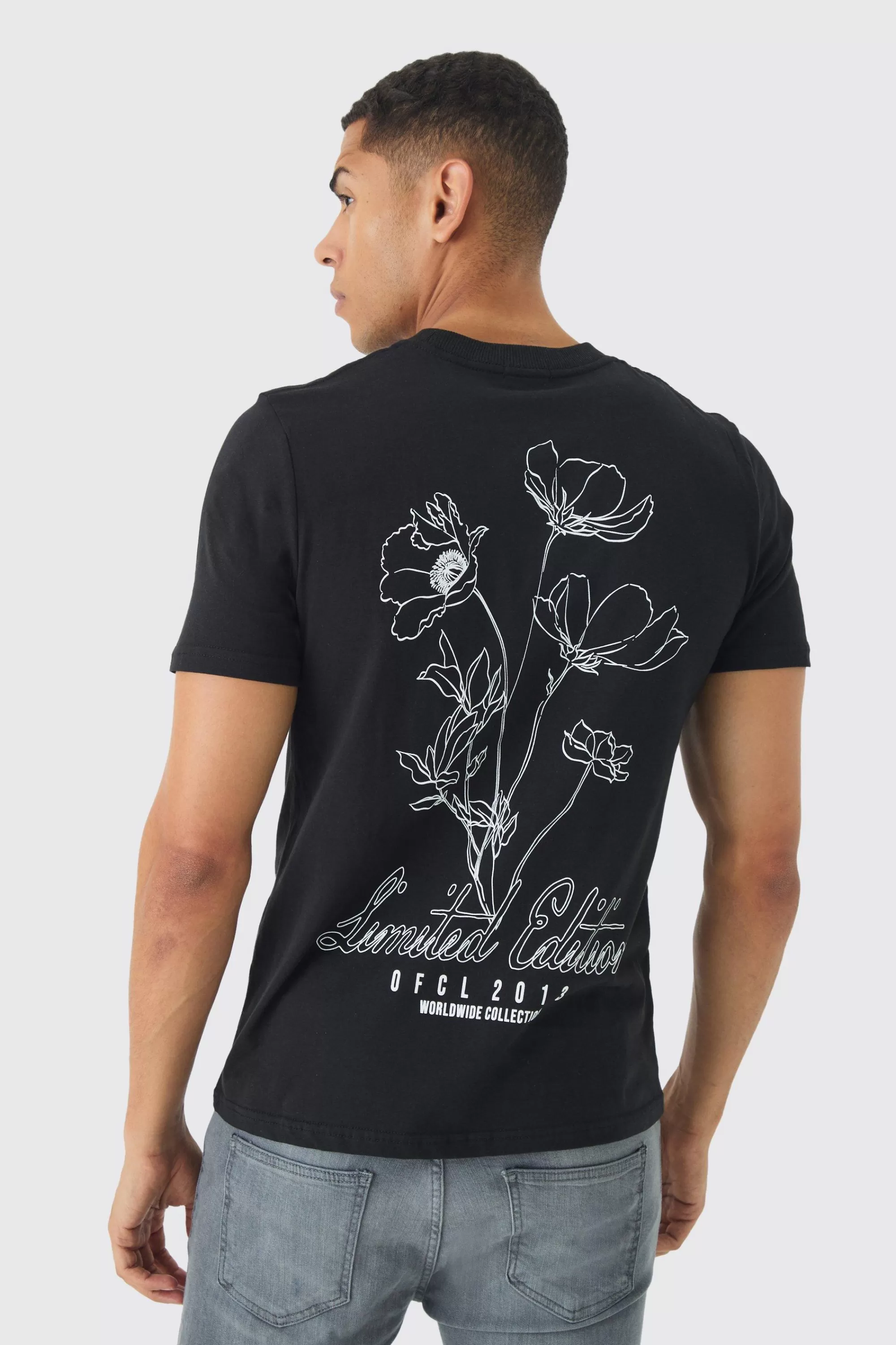 boohooMAN Slim Stencil Floral Back Printed T-Shirt | UK black Sale
