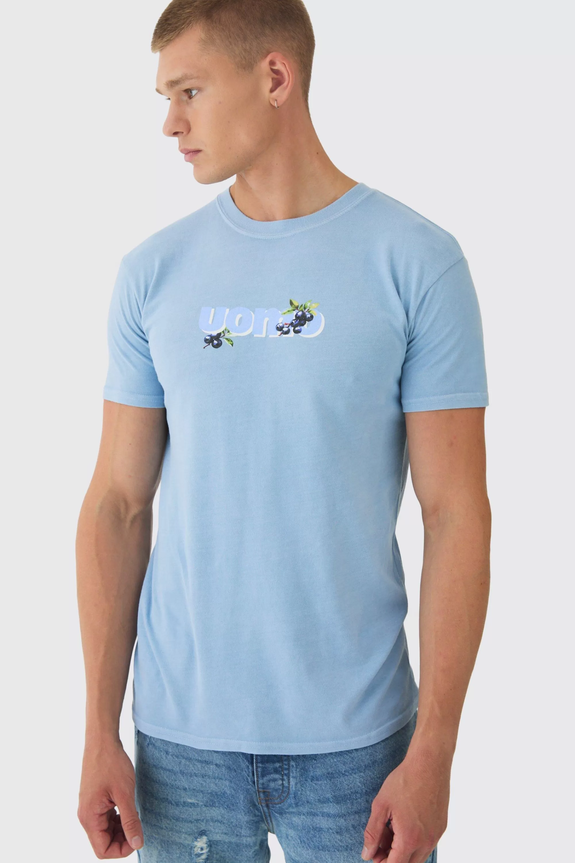 boohooMAN Slim Uomo Berry Back Print Wash T-Shirt | UK light blue Cheap