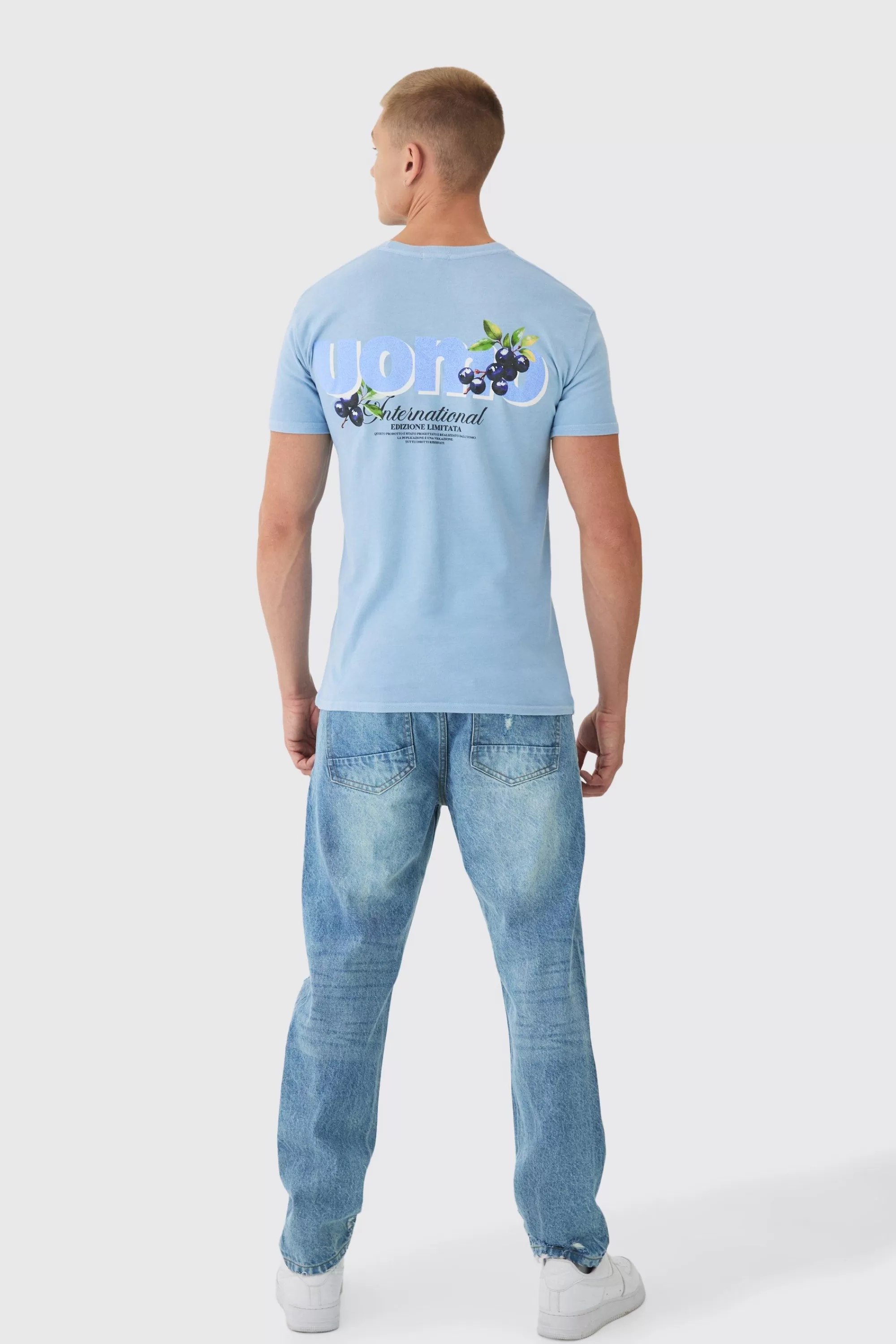 boohooMAN Slim Uomo Berry Back Print Wash T-Shirt | UK light blue Cheap