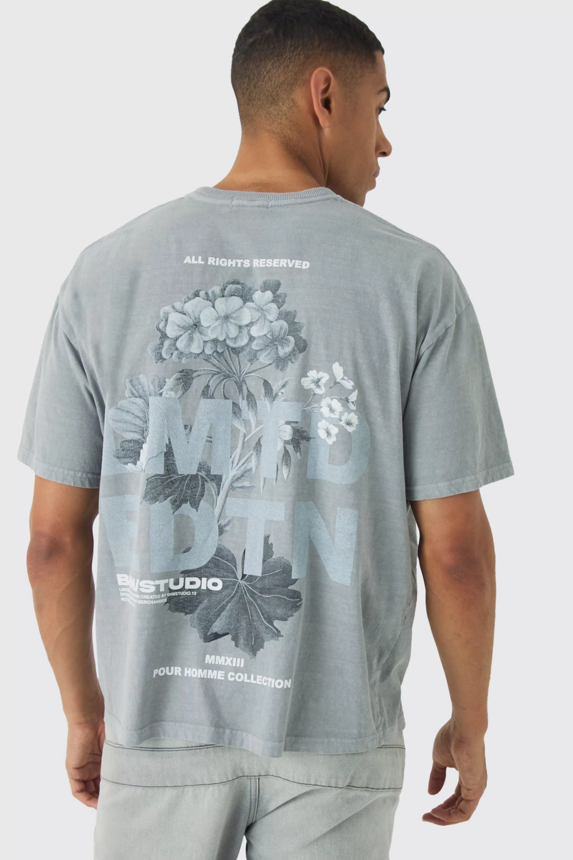 boohooMAN Slim Washed Floral Back Print T-Shirt | UK grey Sale