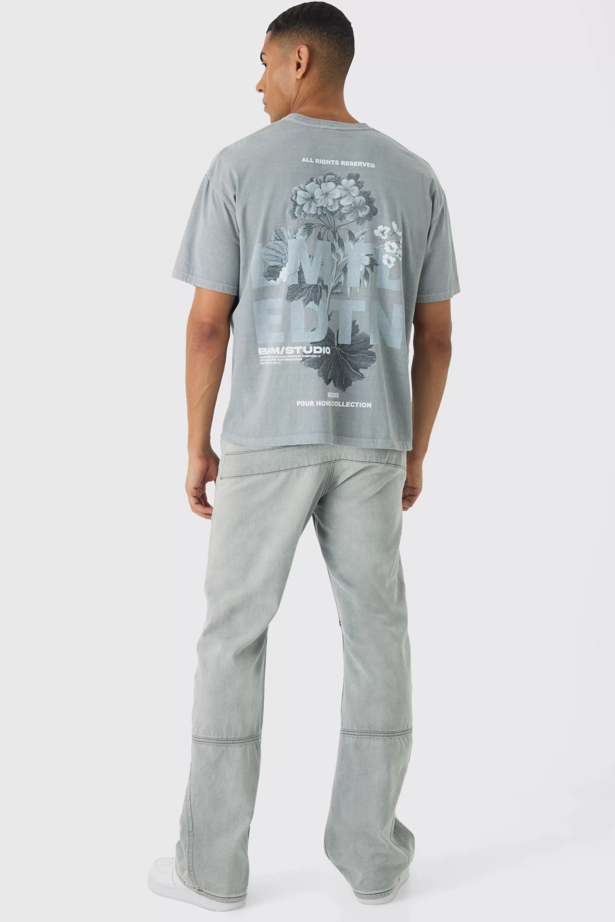 boohooMAN Slim Washed Floral Back Print T-Shirt | UK grey Sale