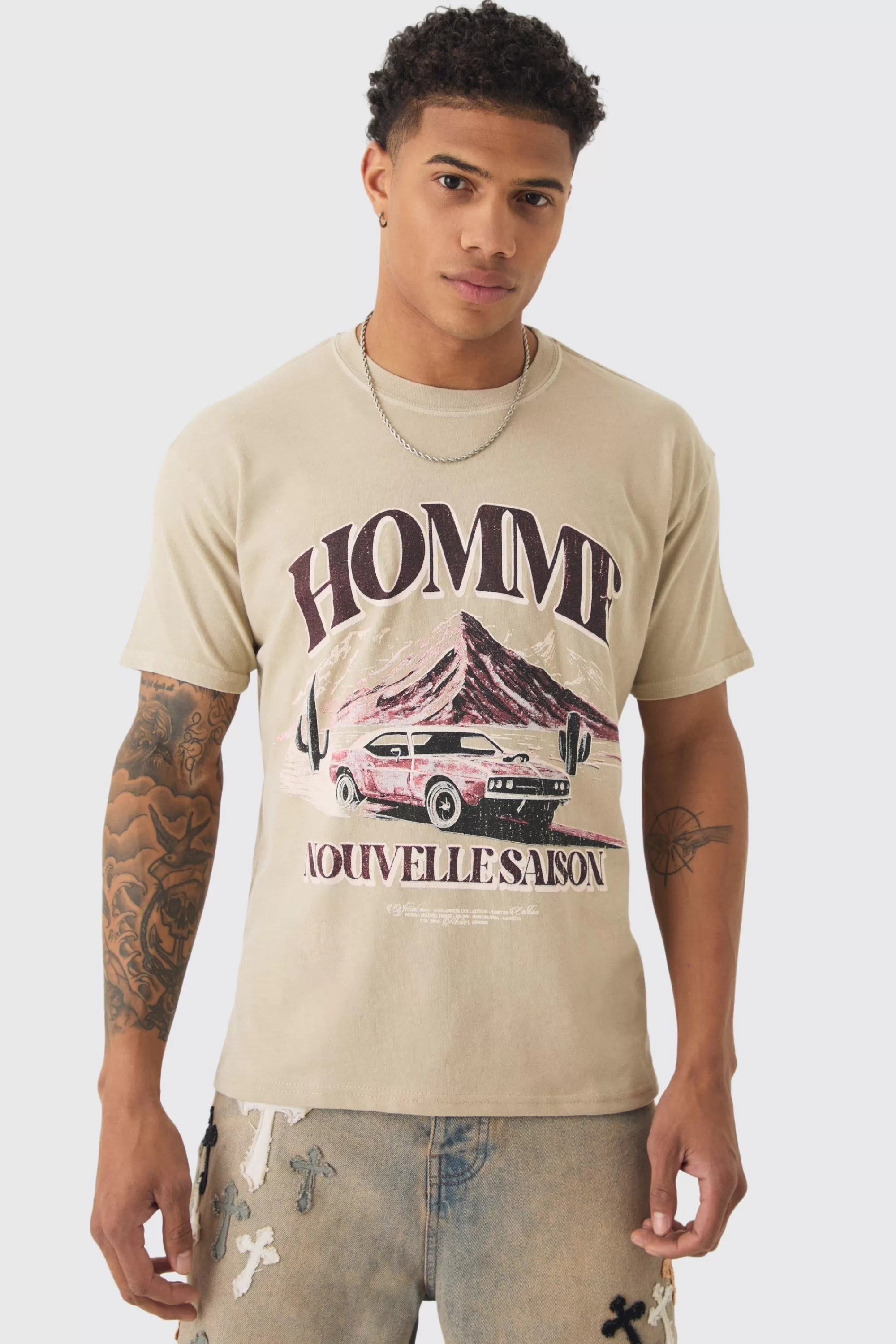 boohooMAN Slim Washed Western Print T-shirt | UK sand Shop