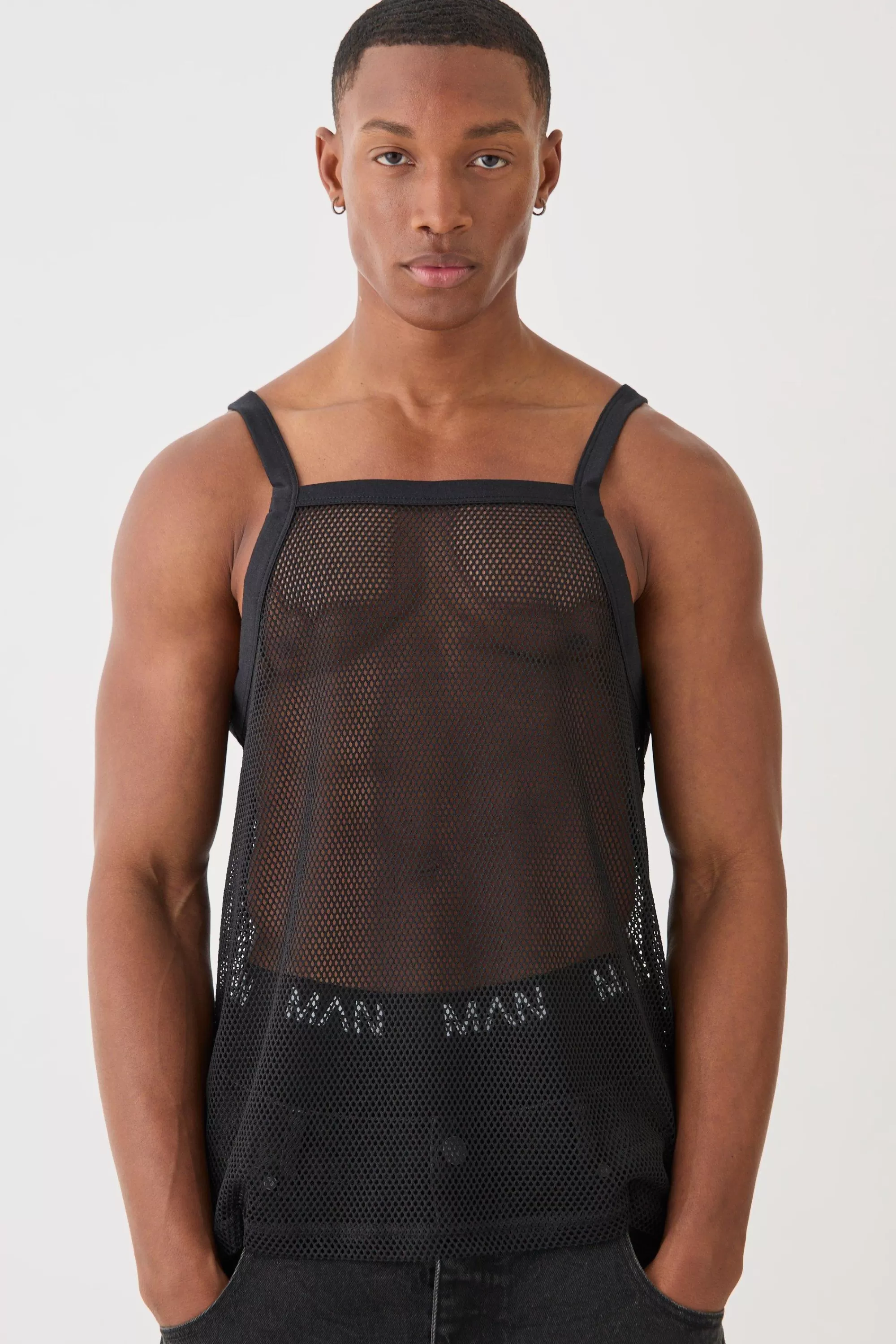 boohooMAN Square Neck Open Mesh Vest | UK black Online