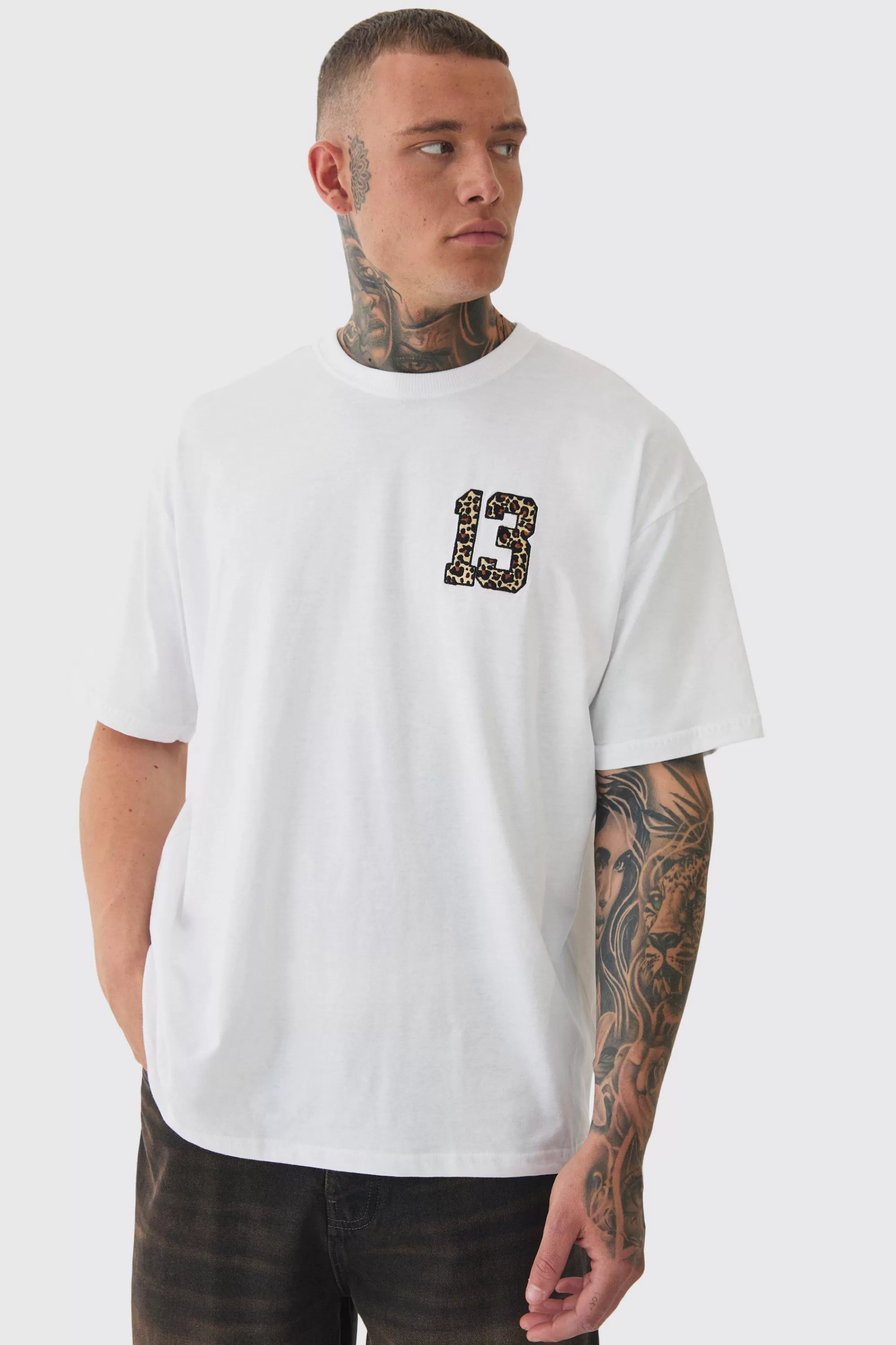 boohooMAN Tall 13 Leopard Embroidered T-shirt In | UK white Shop