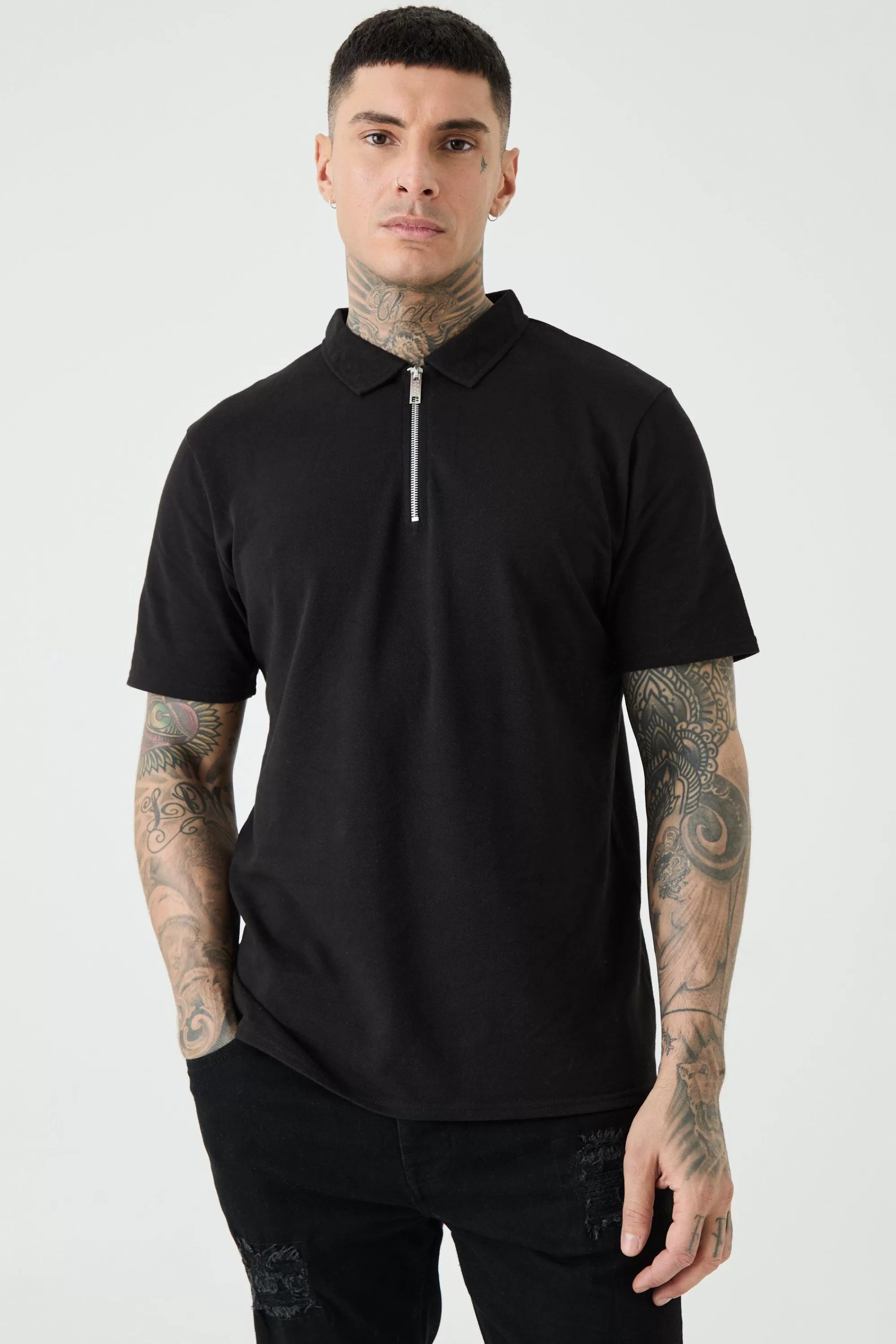 boohooMAN Tall 1/4 Zip Pique Polo | UK black Hot